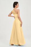 One Shoulder Tulle Ruched Bridesmaid Dress A Line Formal Evening Prom Dresses Gowns