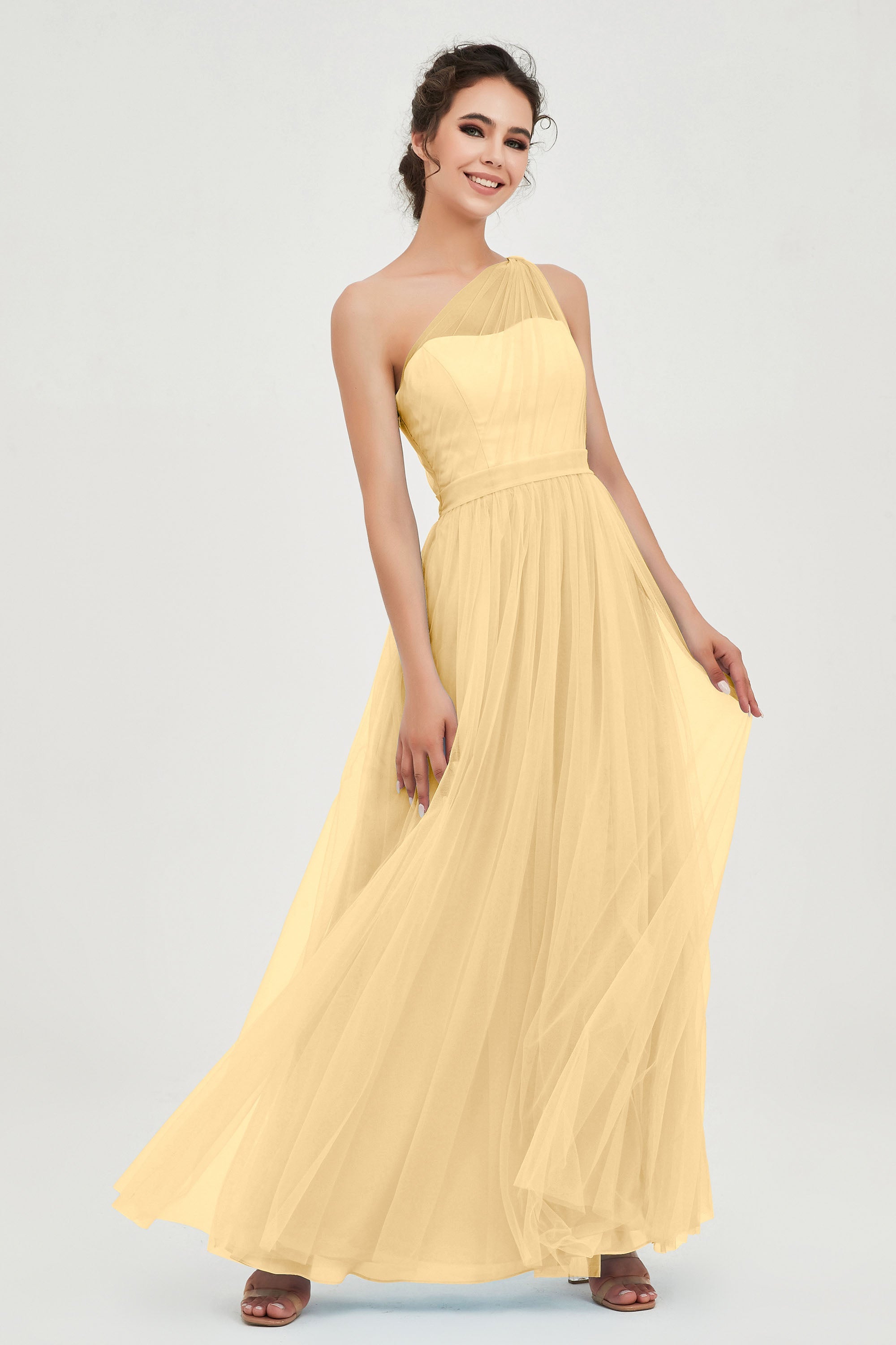 One Shoulder Tulle Ruched Bridesmaid Dress A Line Formal Evening Prom Dresses Gowns