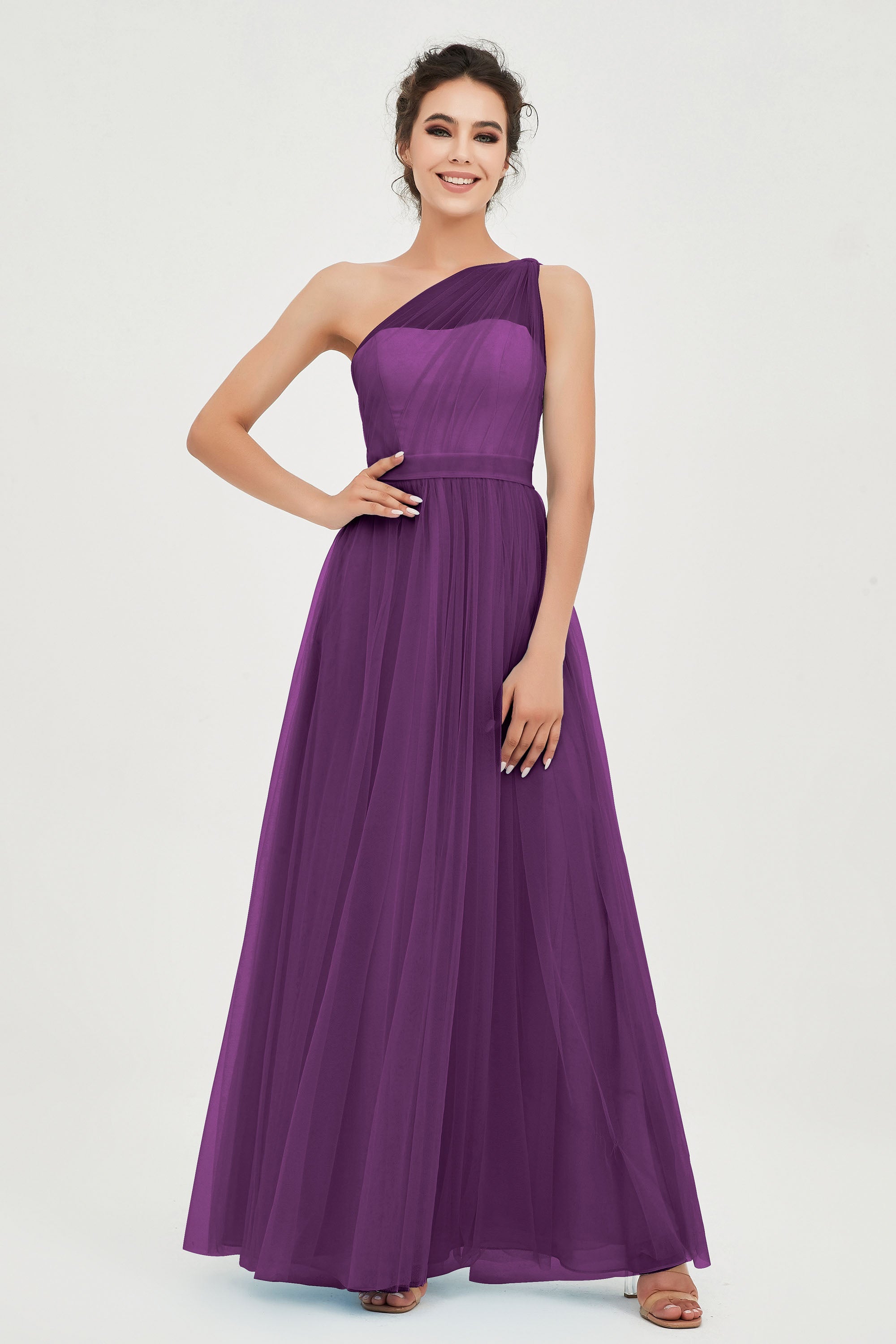 One Shoulder Tulle Ruched Bridesmaid Dress A Line Formal Evening Prom Dresses Gowns