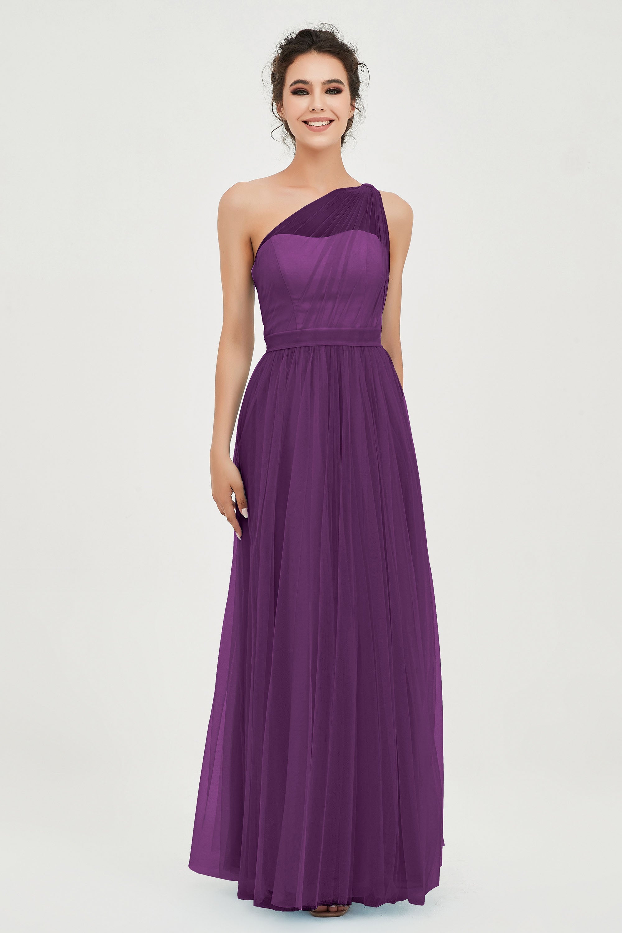 One Shoulder Tulle Ruched Bridesmaid Dress A Line Formal Evening Prom Dresses Gowns