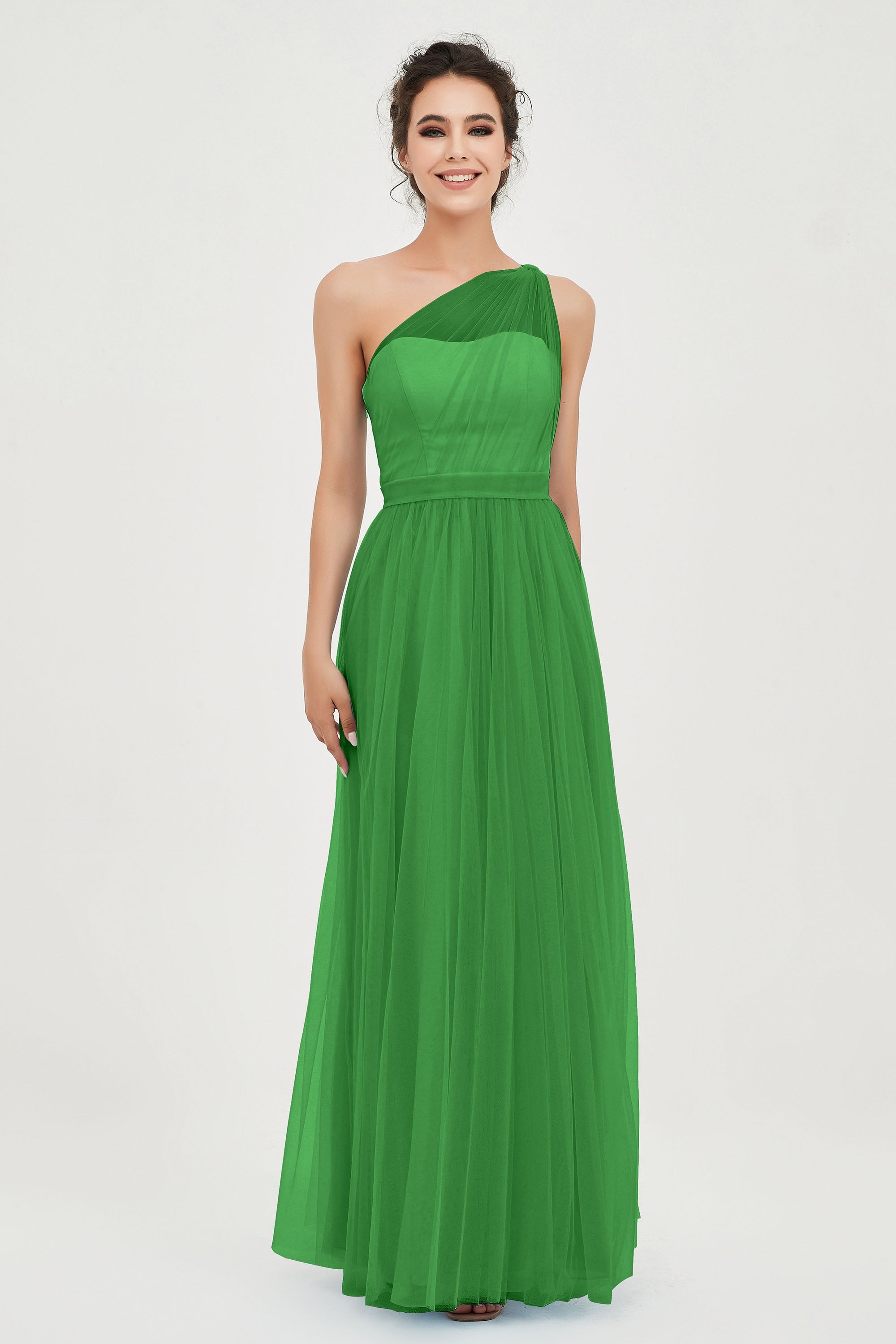 One Shoulder Tulle Ruched Bridesmaid Dress A Line Formal Evening Prom Dresses Gowns