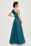 One Shoulder Tulle Ruched Bridesmaid Dress A Line Formal Evening Prom Dresses Gowns