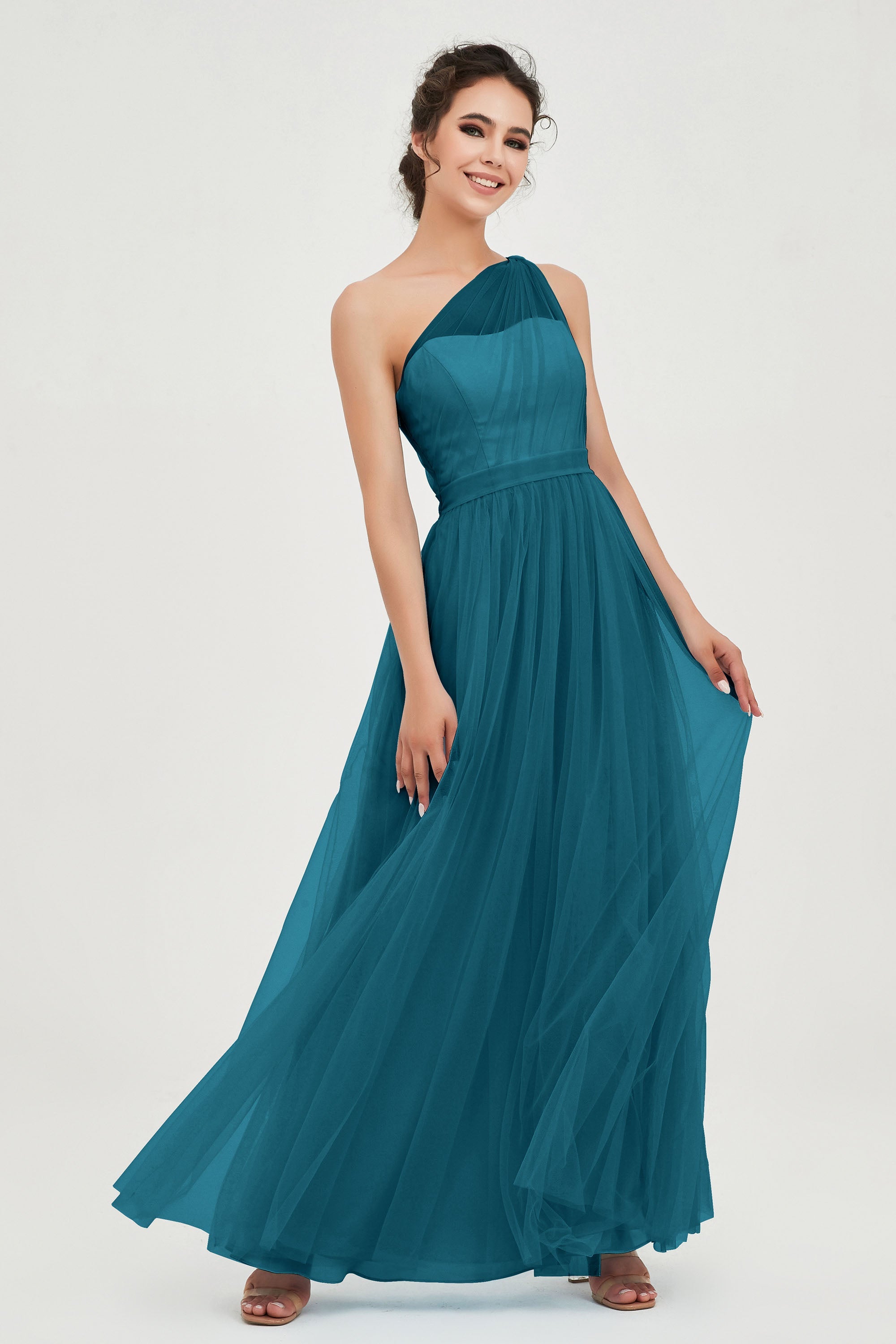 One Shoulder Tulle Ruched Bridesmaid Dress A Line Formal Evening Prom Dresses Gowns
