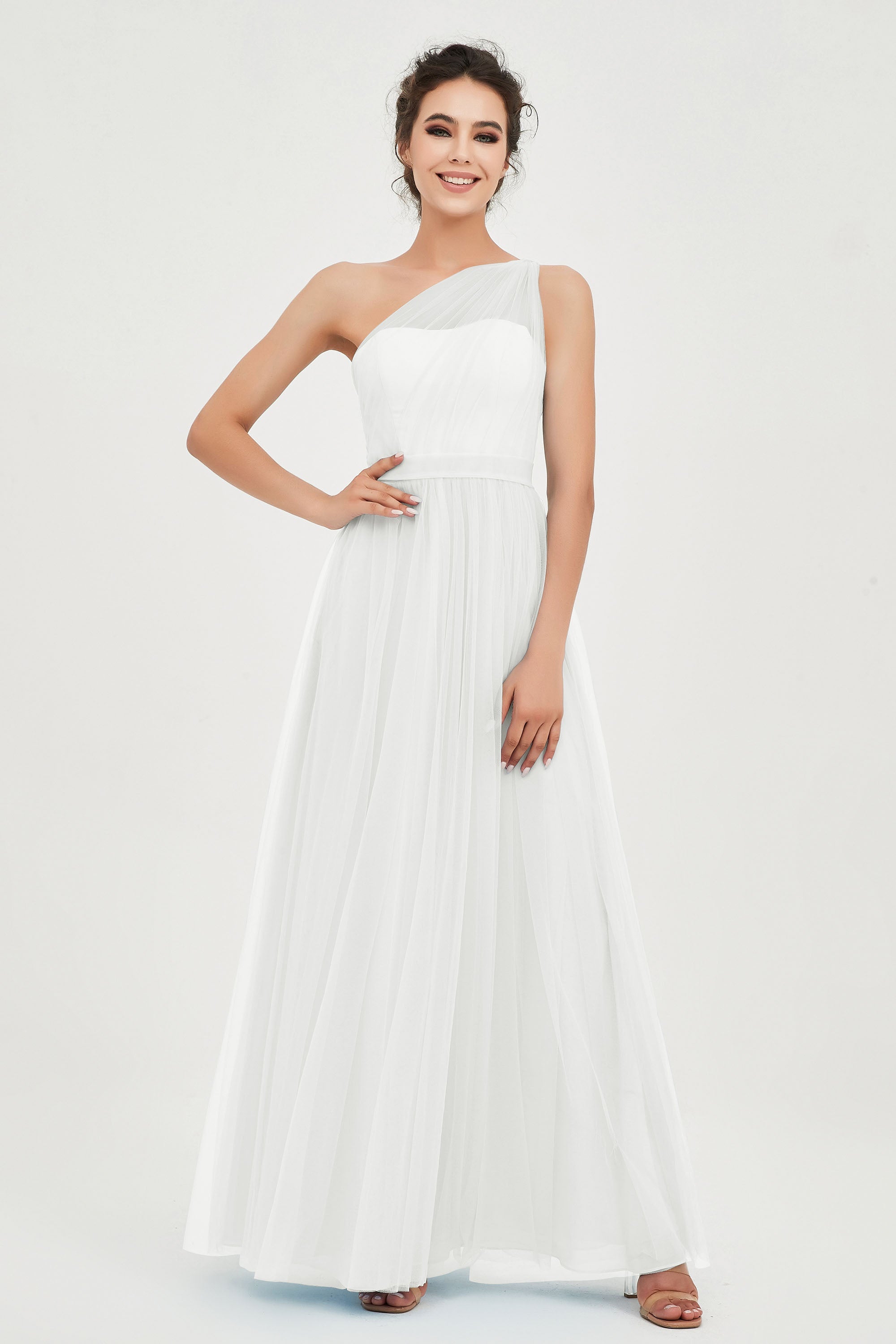 One Shoulder Tulle Ruched Bridesmaid Dress A Line Formal Evening Prom Dresses Gowns