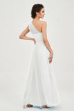 One Shoulder Tulle Ruched Bridesmaid Dress A Line Formal Evening Prom Dresses Gowns