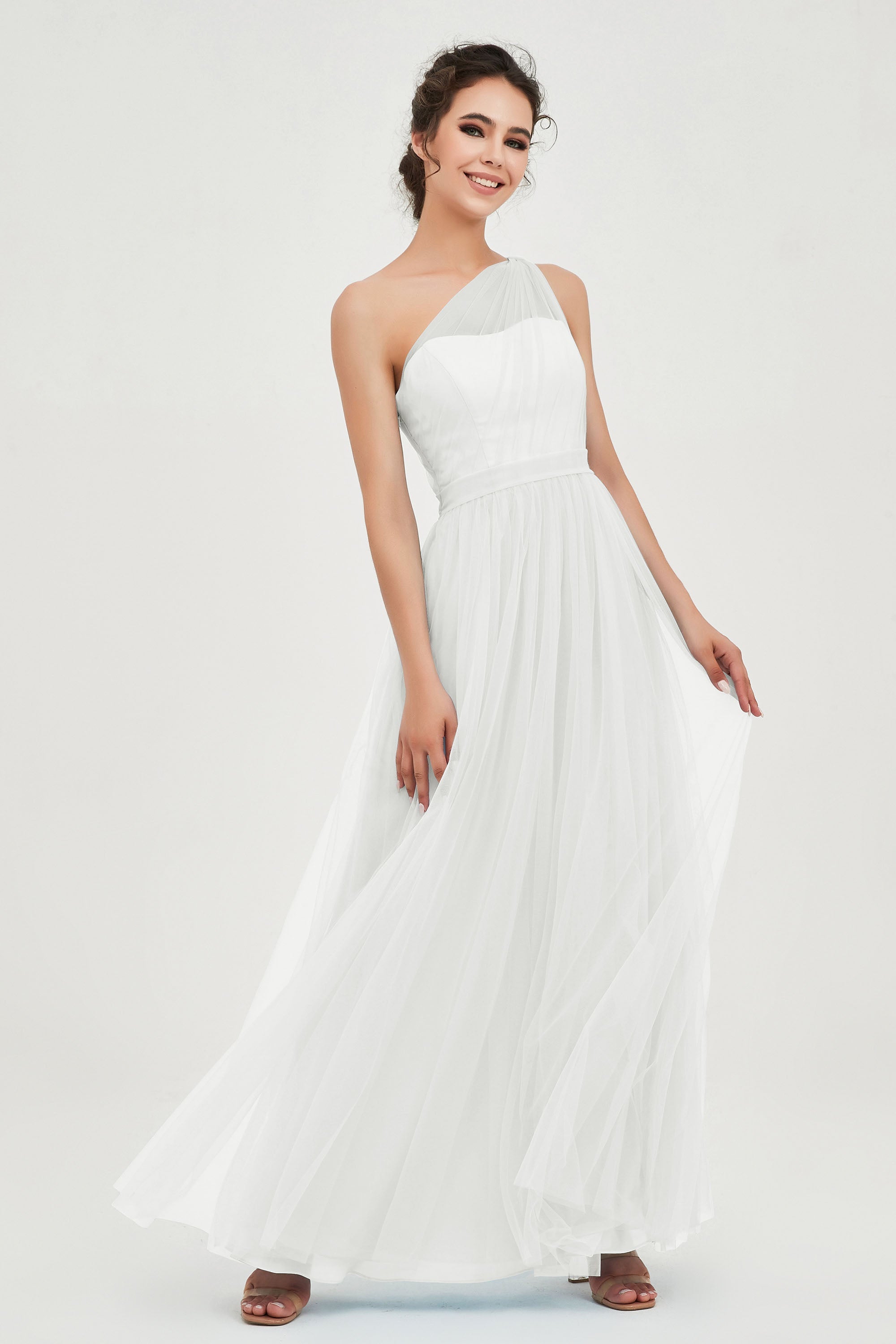 One Shoulder Tulle Ruched Bridesmaid Dress A Line Formal Evening Prom Dresses Gowns