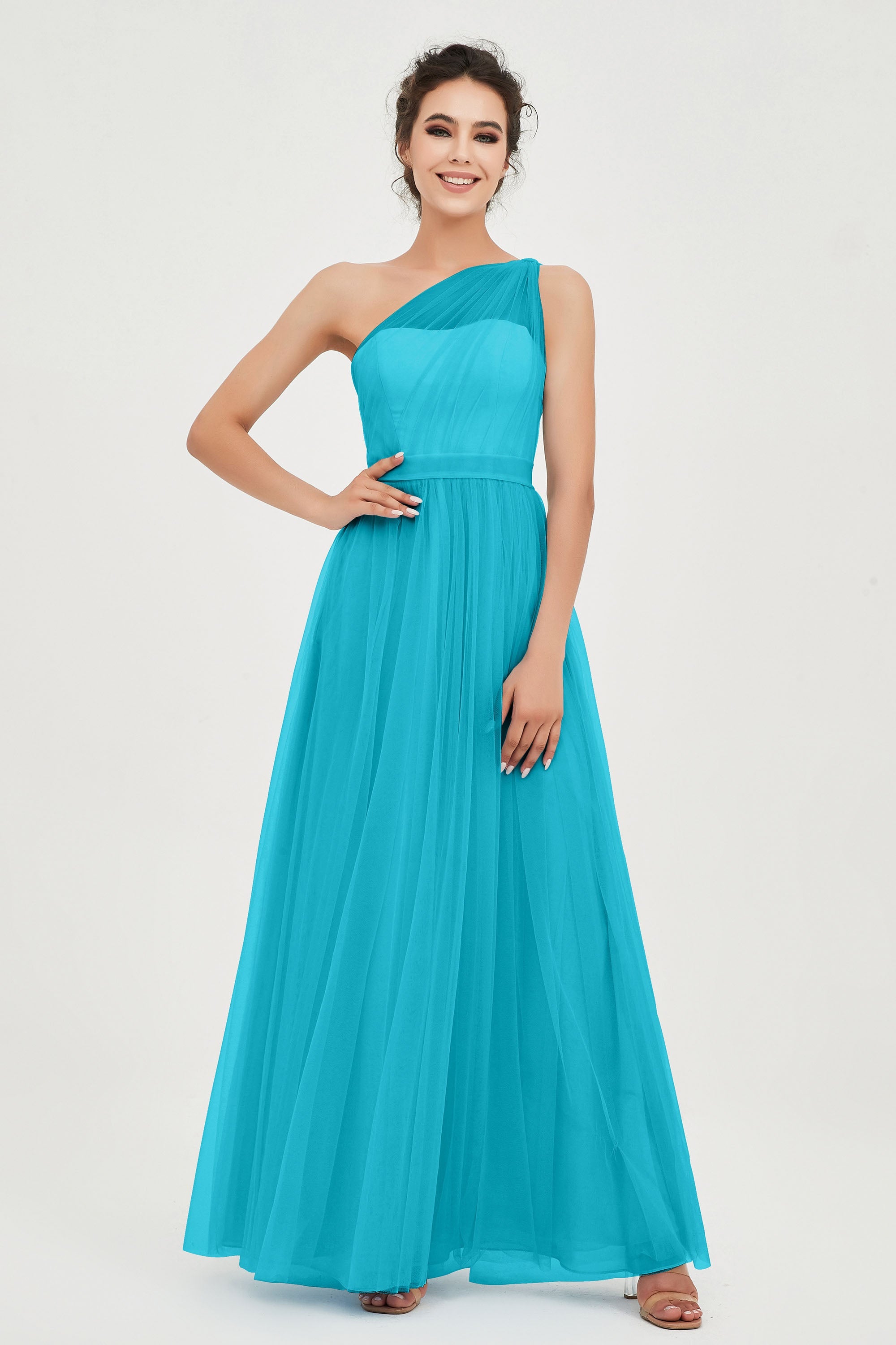 One Shoulder Tulle Ruched Bridesmaid Dress A Line Formal Evening Prom Dresses Gowns