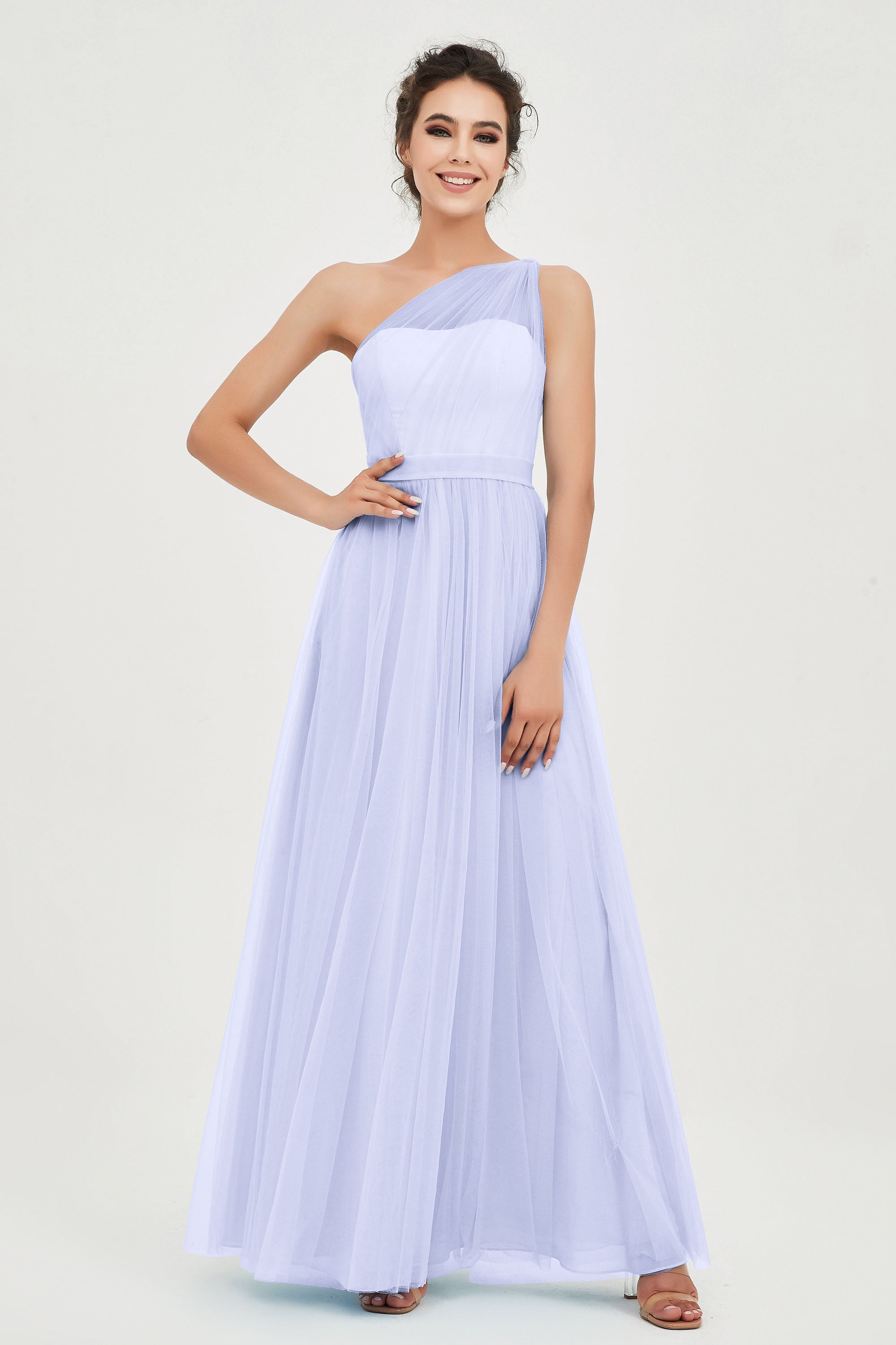 One Shoulder Tulle Ruched Bridesmaid Dress A Line Formal Evening Prom Dresses Gowns
