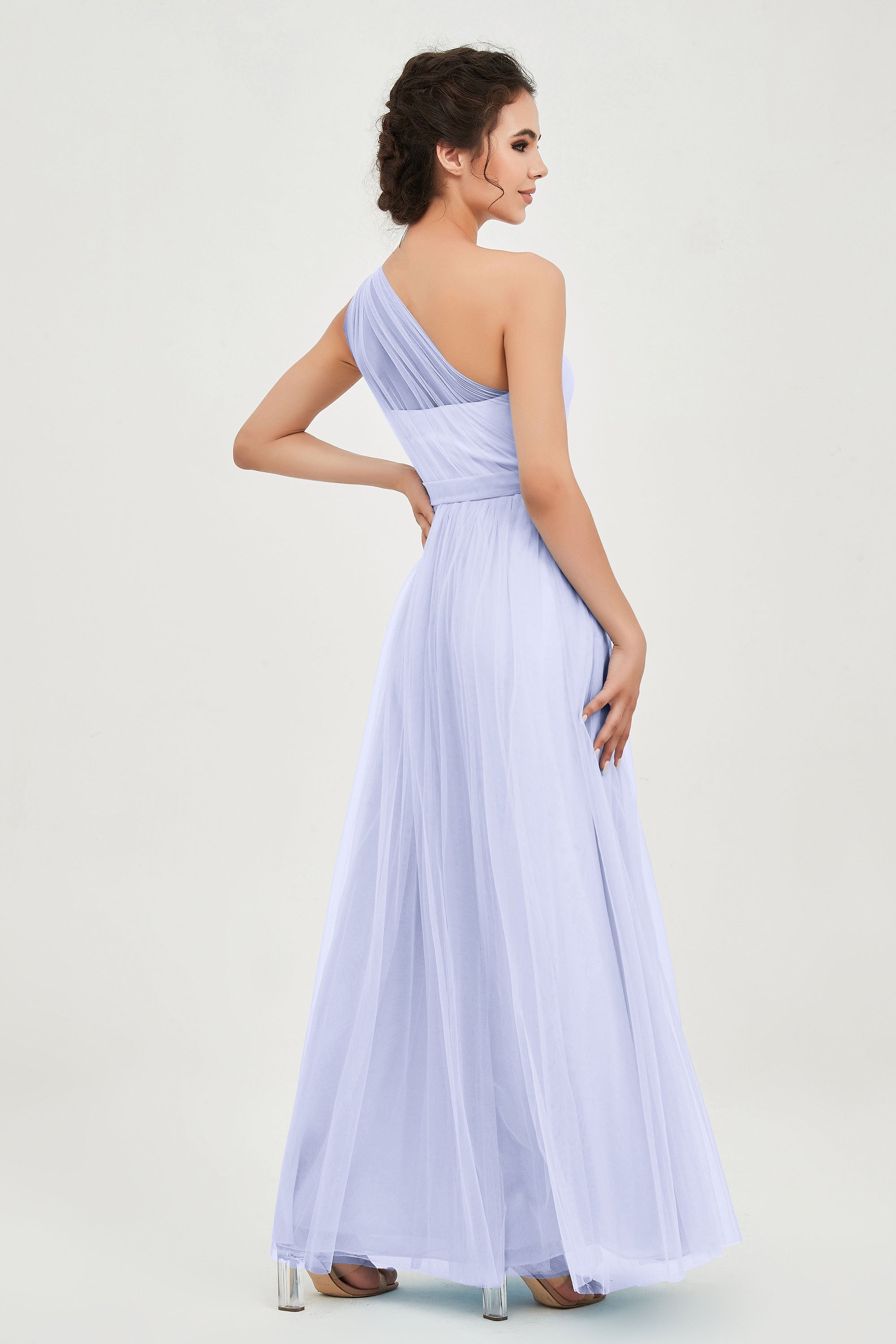 One Shoulder Tulle Ruched Bridesmaid Dress A Line Formal Evening Prom Dresses Gowns