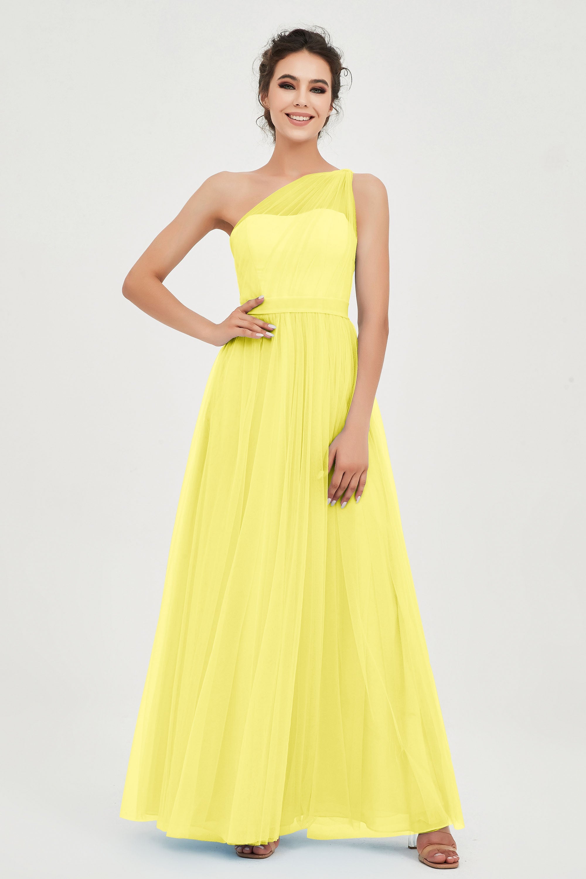 One Shoulder Tulle Ruched Bridesmaid Dress A Line Formal Evening Prom Dresses Gowns