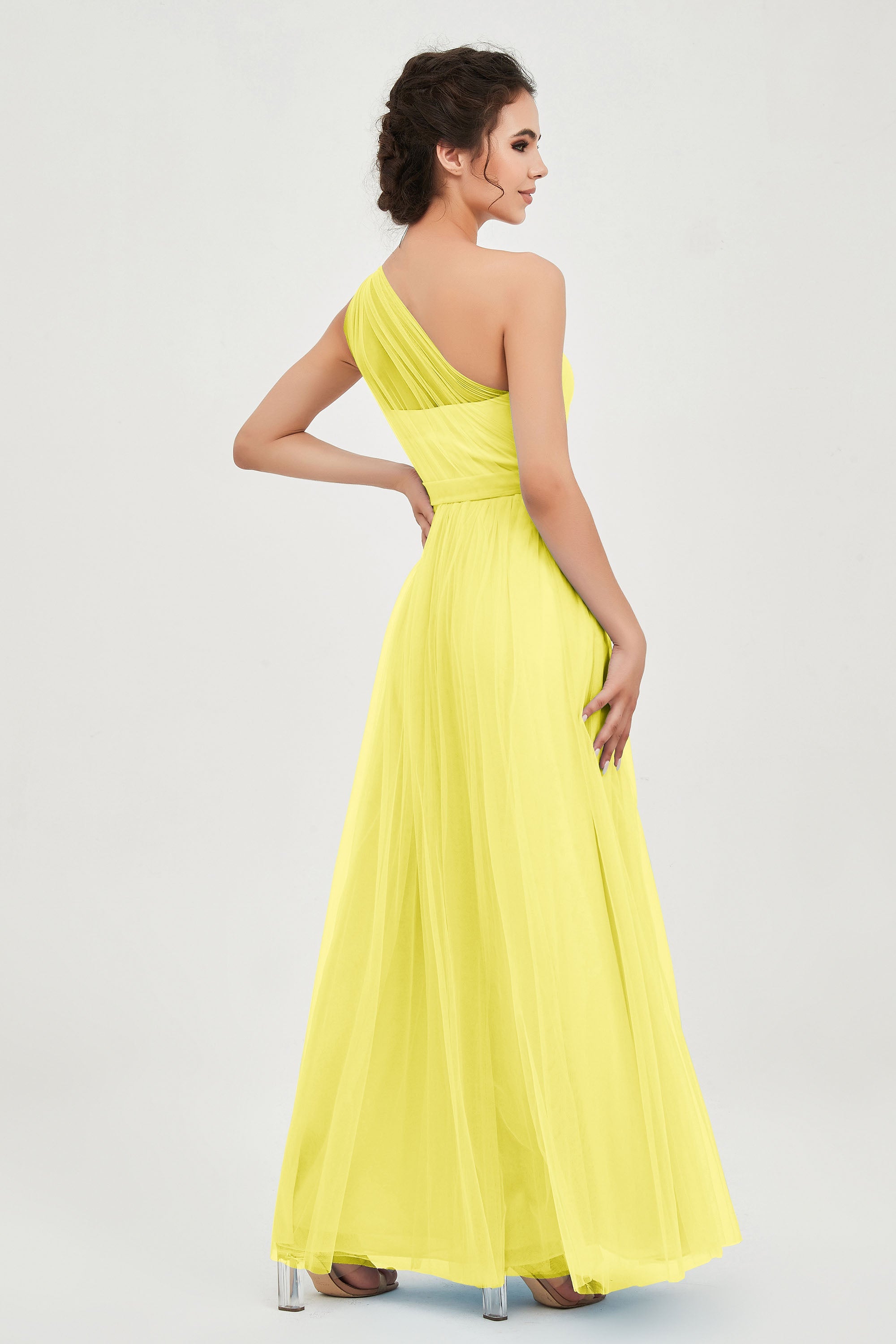 One Shoulder Tulle Ruched Bridesmaid Dress A Line Formal Evening Prom Dresses Gowns