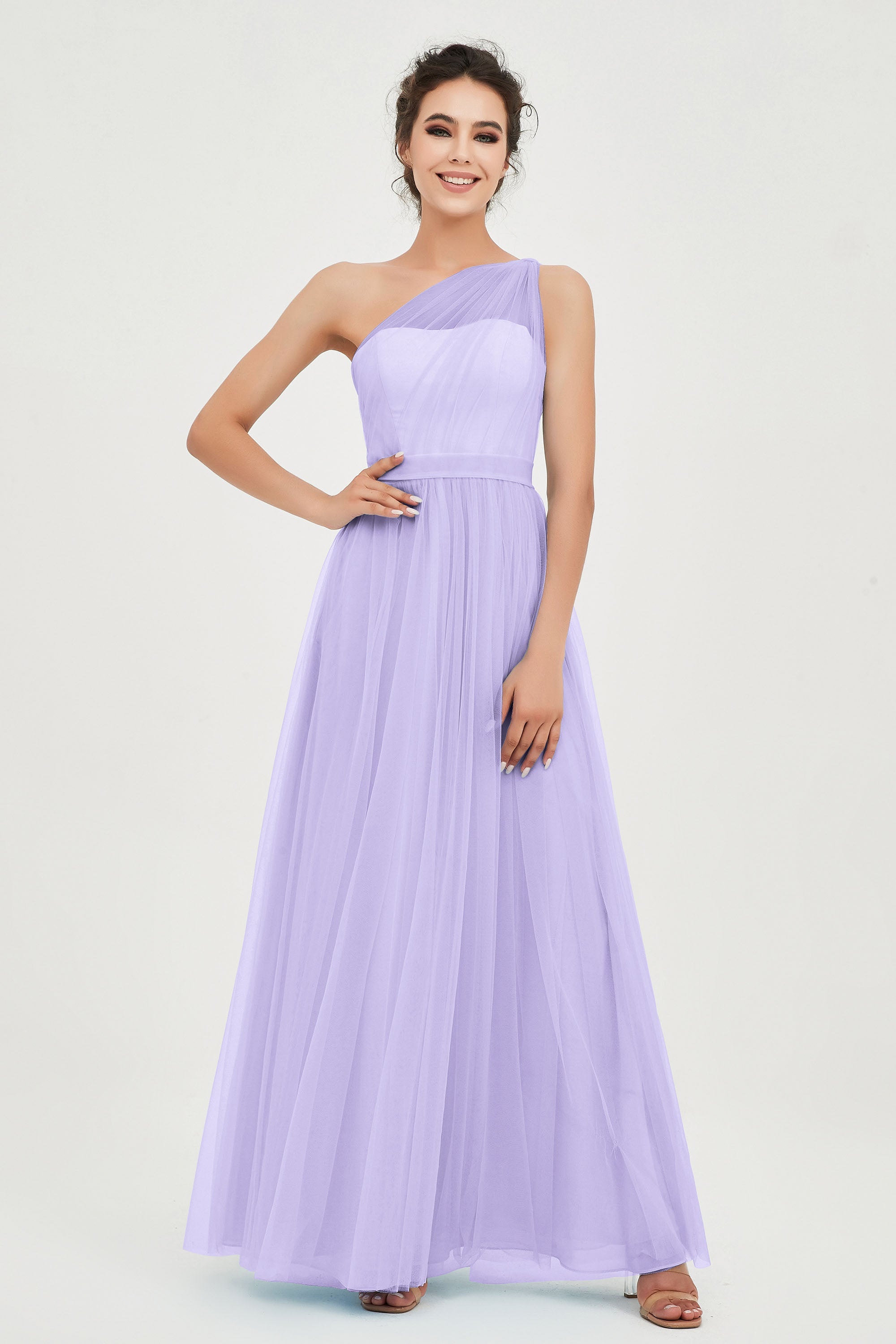 One Shoulder Tulle Ruched Bridesmaid Dress A Line Formal Evening Prom Dresses Gowns