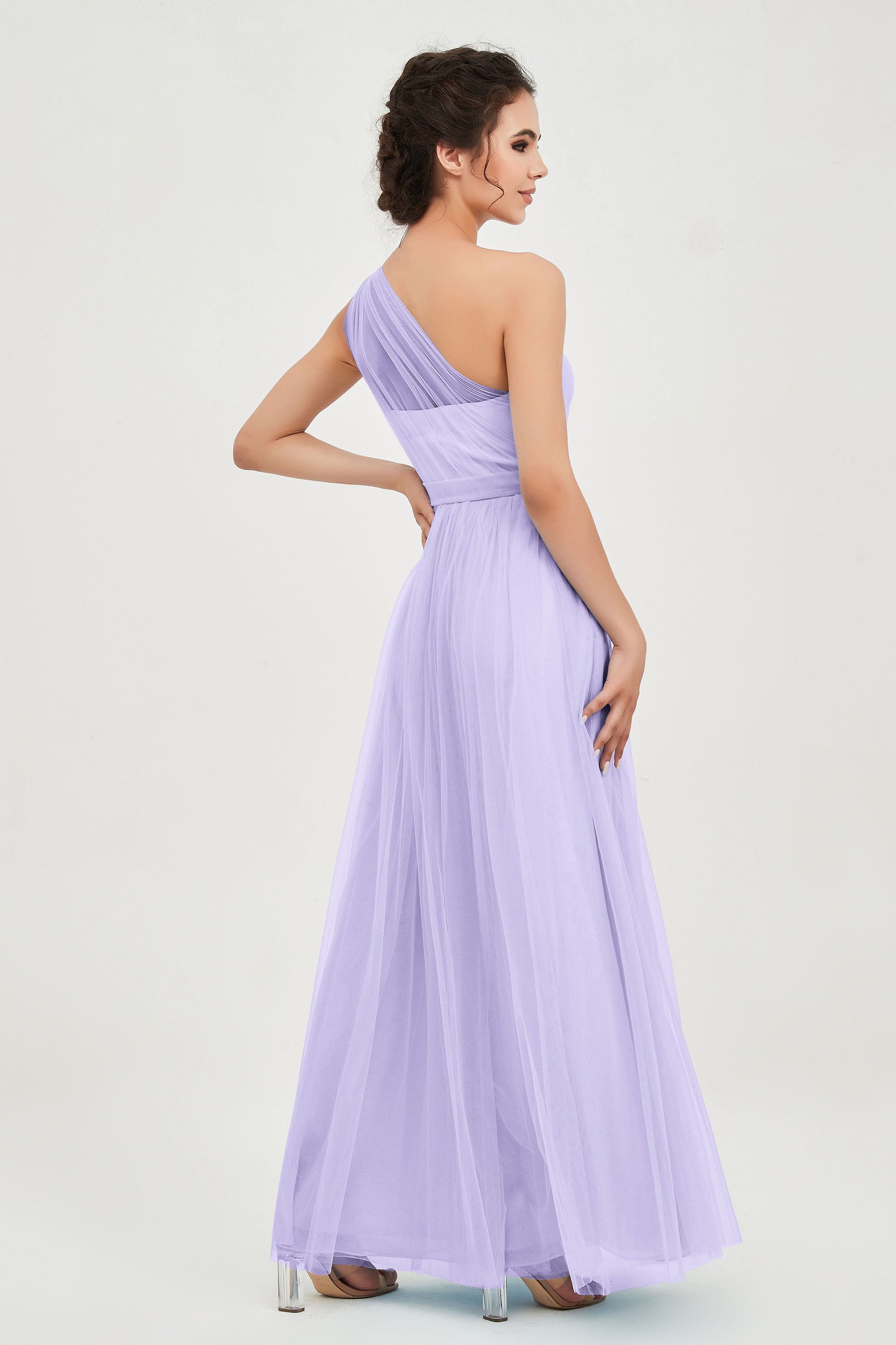 One Shoulder Tulle Ruched Bridesmaid Dress A Line Formal Evening Prom Dresses Gowns