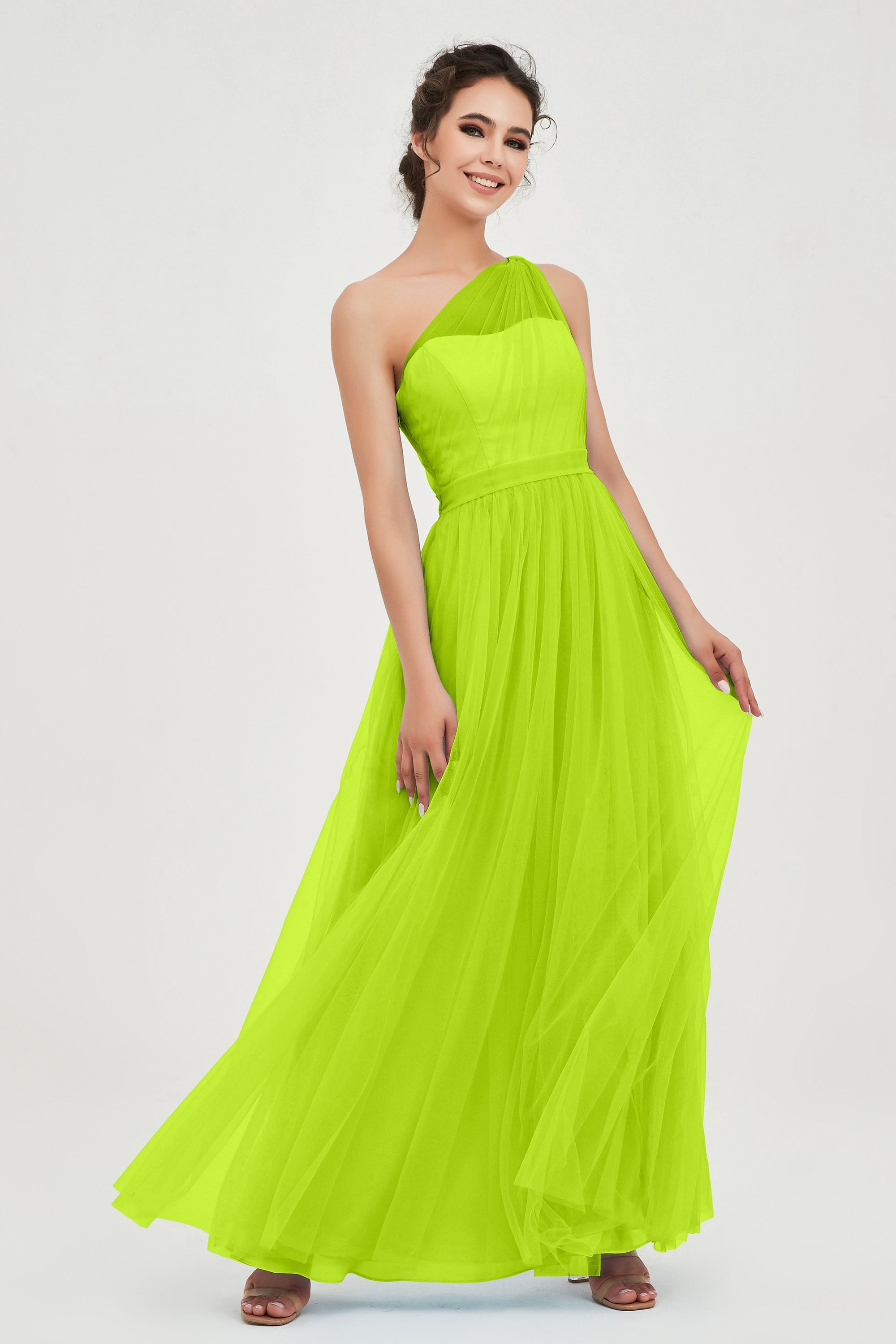 One Shoulder Tulle Ruched Bridesmaid Dress A Line Formal Evening Prom Dresses Gowns