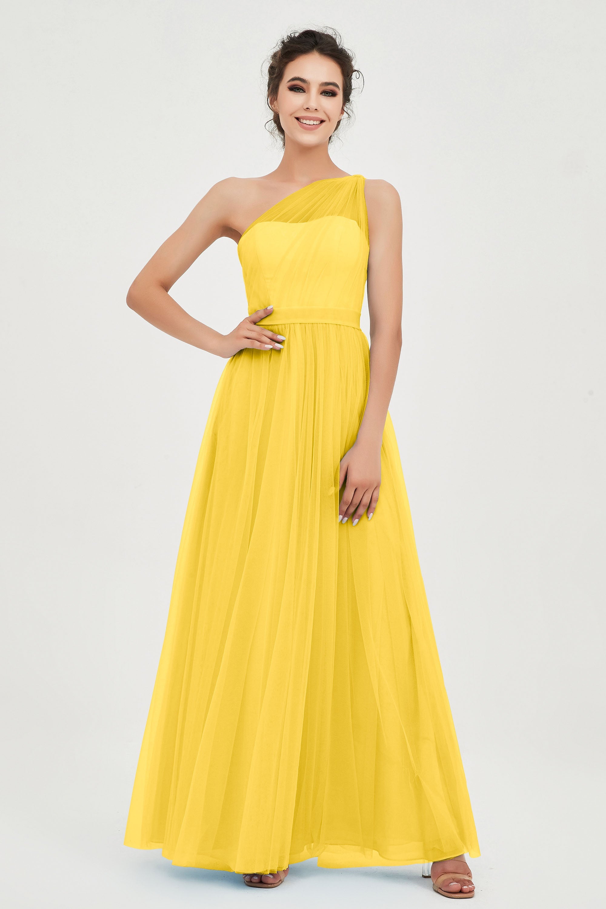 One Shoulder Tulle Ruched Bridesmaid Dress A Line Formal Evening Prom Dresses Gowns
