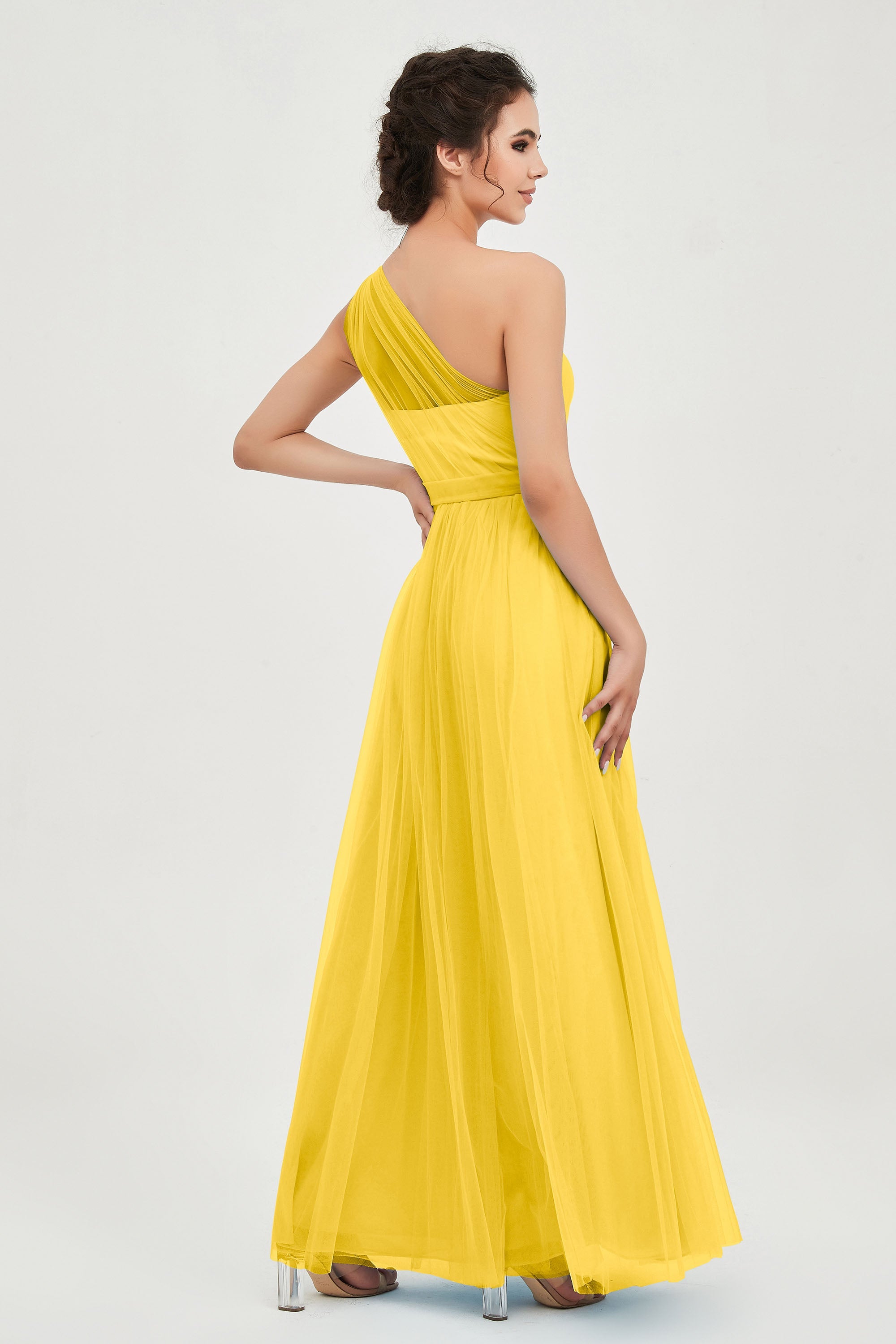 One Shoulder Tulle Ruched Bridesmaid Dress A Line Formal Evening Prom Dresses Gowns