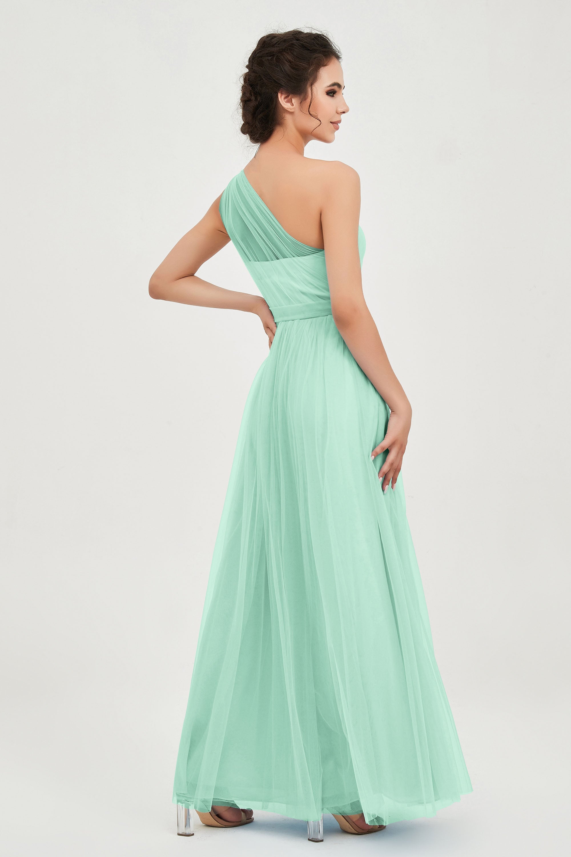 One Shoulder Tulle Ruched Bridesmaid Dress A Line Formal Evening Prom Dresses Gowns