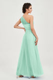 One Shoulder Tulle Ruched Bridesmaid Dress A Line Formal Evening Prom Dresses Gowns