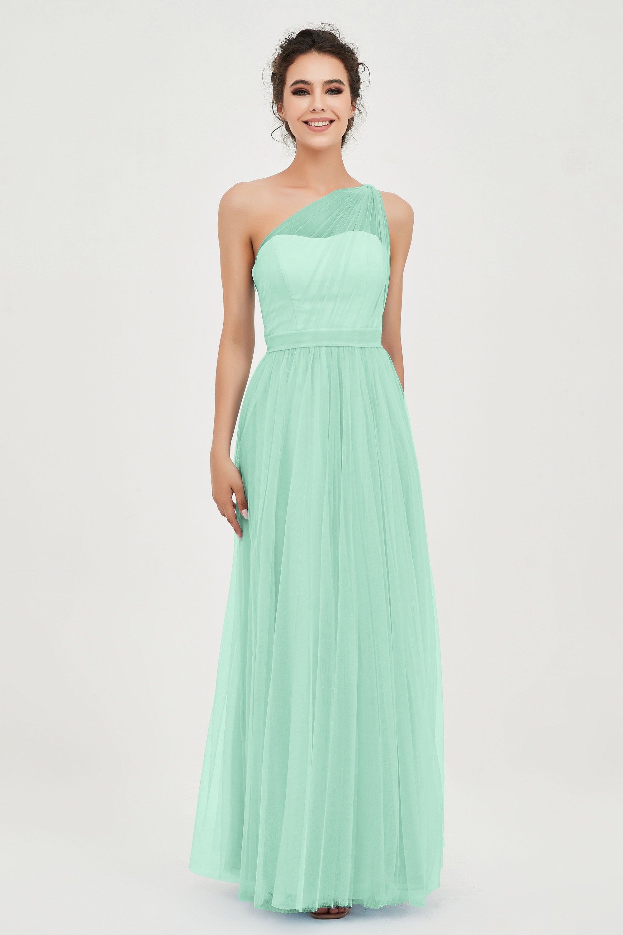 One Shoulder Tulle Ruched Bridesmaid Dress A Line Formal Evening Prom Dresses Gowns