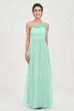 One Shoulder Tulle Ruched Bridesmaid Dress A Line Formal Evening Prom Dresses Gowns