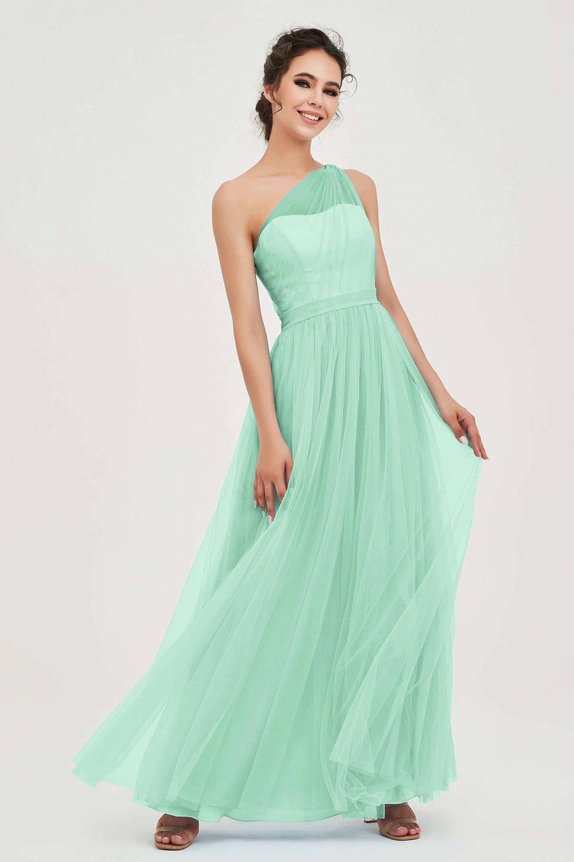 One Shoulder Tulle Ruched Bridesmaid Dress A Line Formal Evening Prom Dresses Gowns