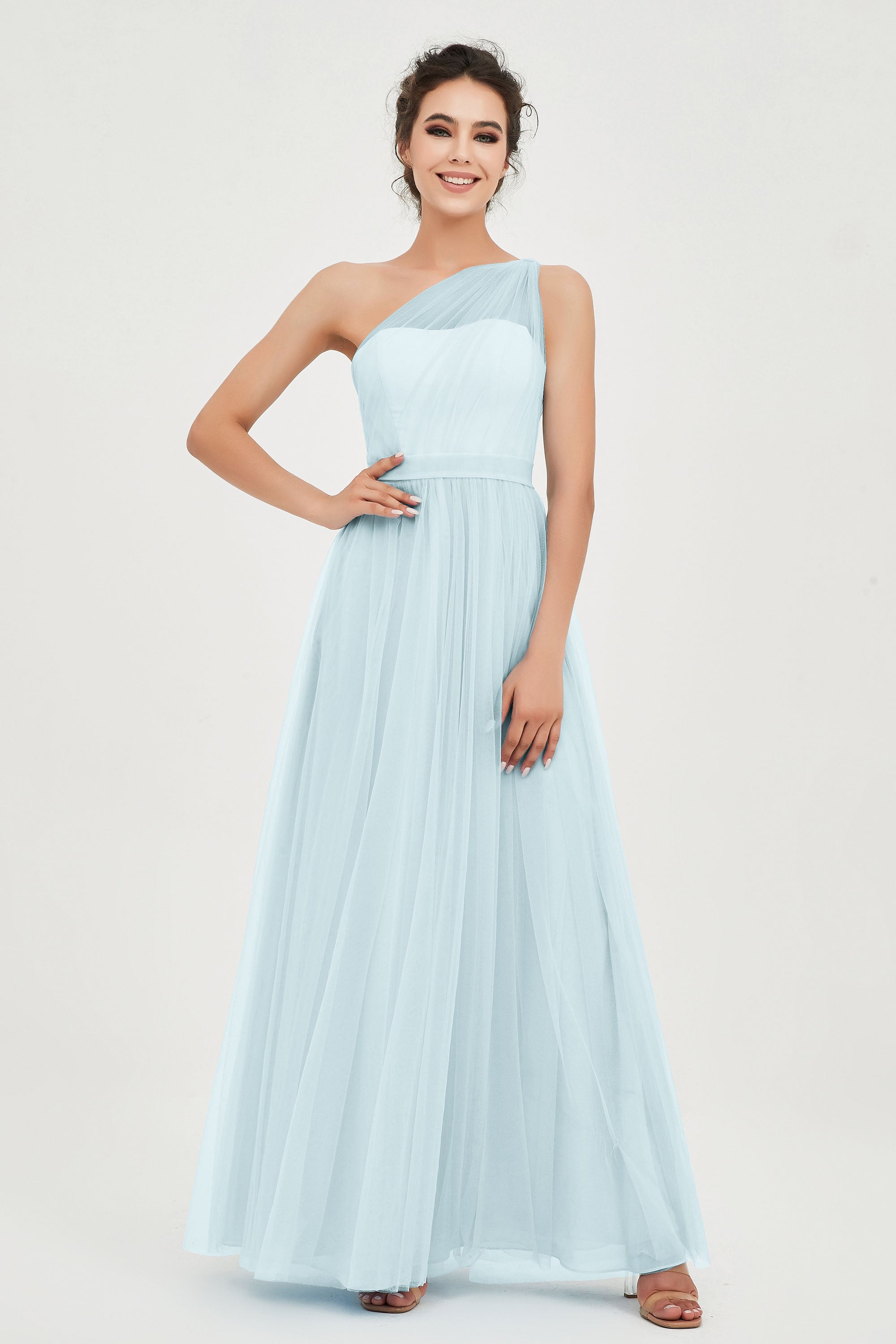 One Shoulder Tulle Ruched Bridesmaid Dress A Line Formal Evening Prom Dresses Gowns