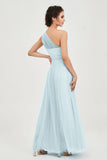 One Shoulder Tulle Ruched Bridesmaid Dress A Line Formal Evening Prom Dresses Gowns