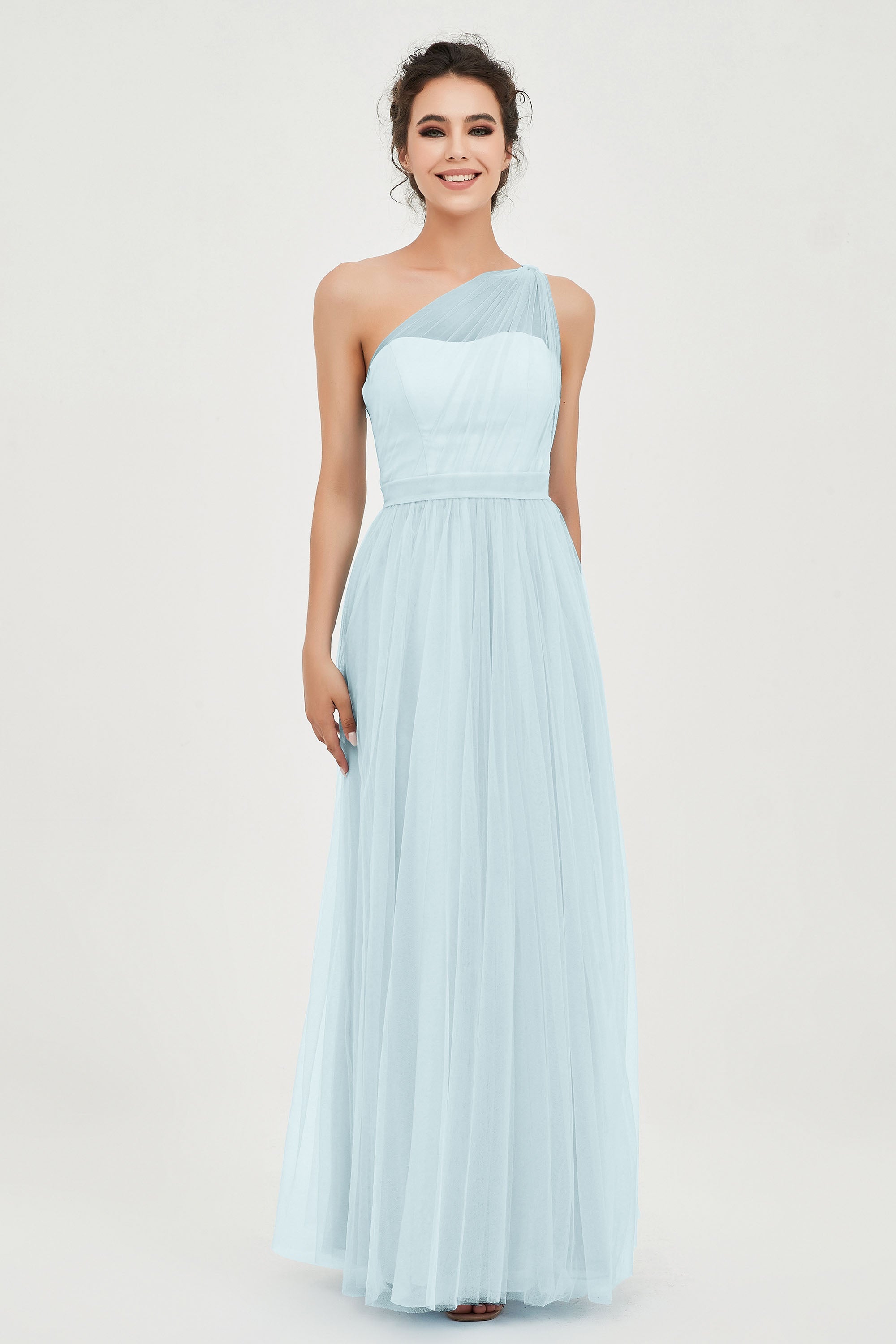 One Shoulder Tulle Ruched Bridesmaid Dress A Line Formal Evening Prom Dresses Gowns