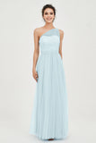 One Shoulder Tulle Ruched Bridesmaid Dress A Line Formal Evening Prom Dresses Gowns