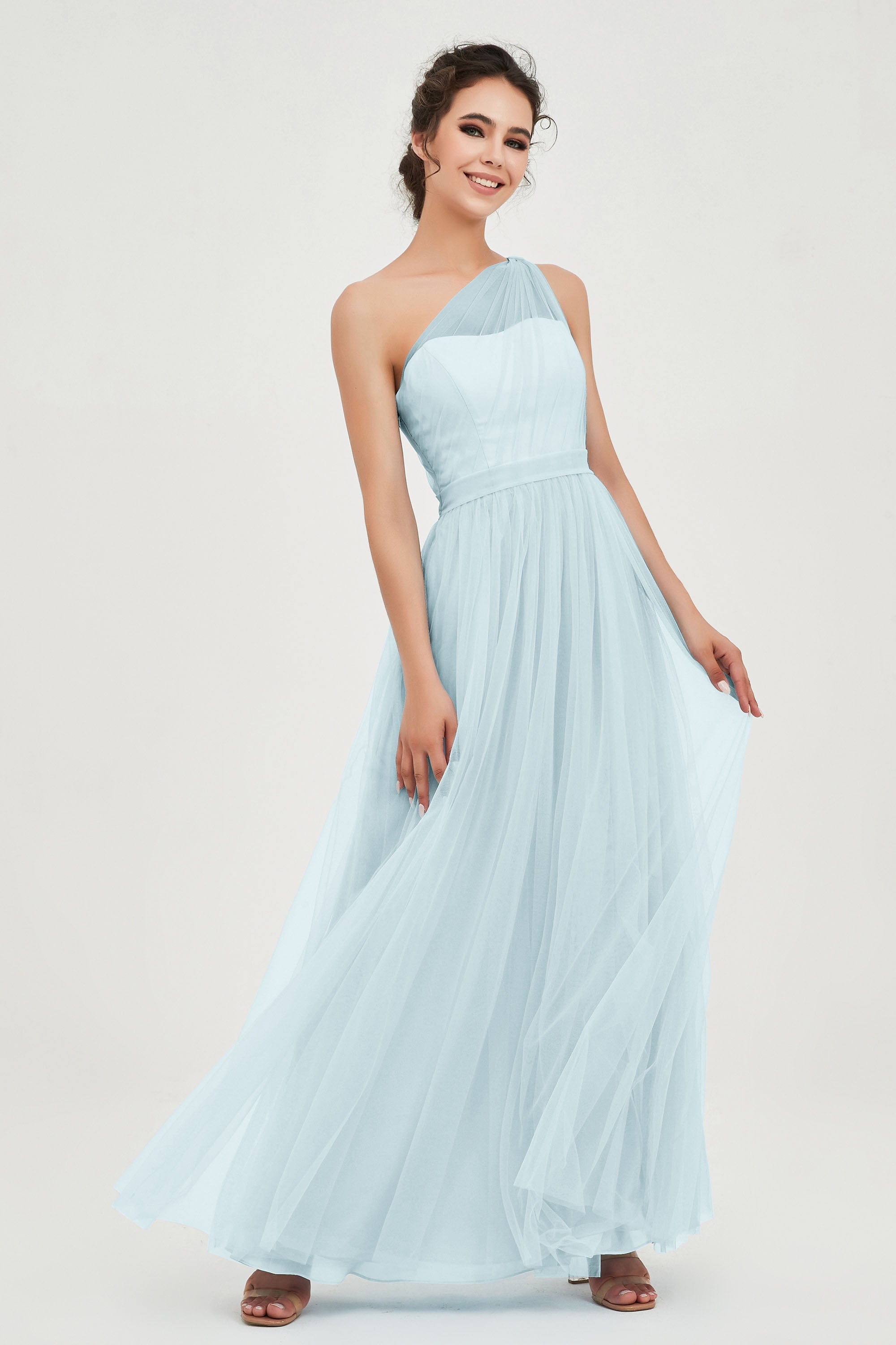 One Shoulder Tulle Ruched Bridesmaid Dress A Line Formal Evening Prom Dresses Gowns