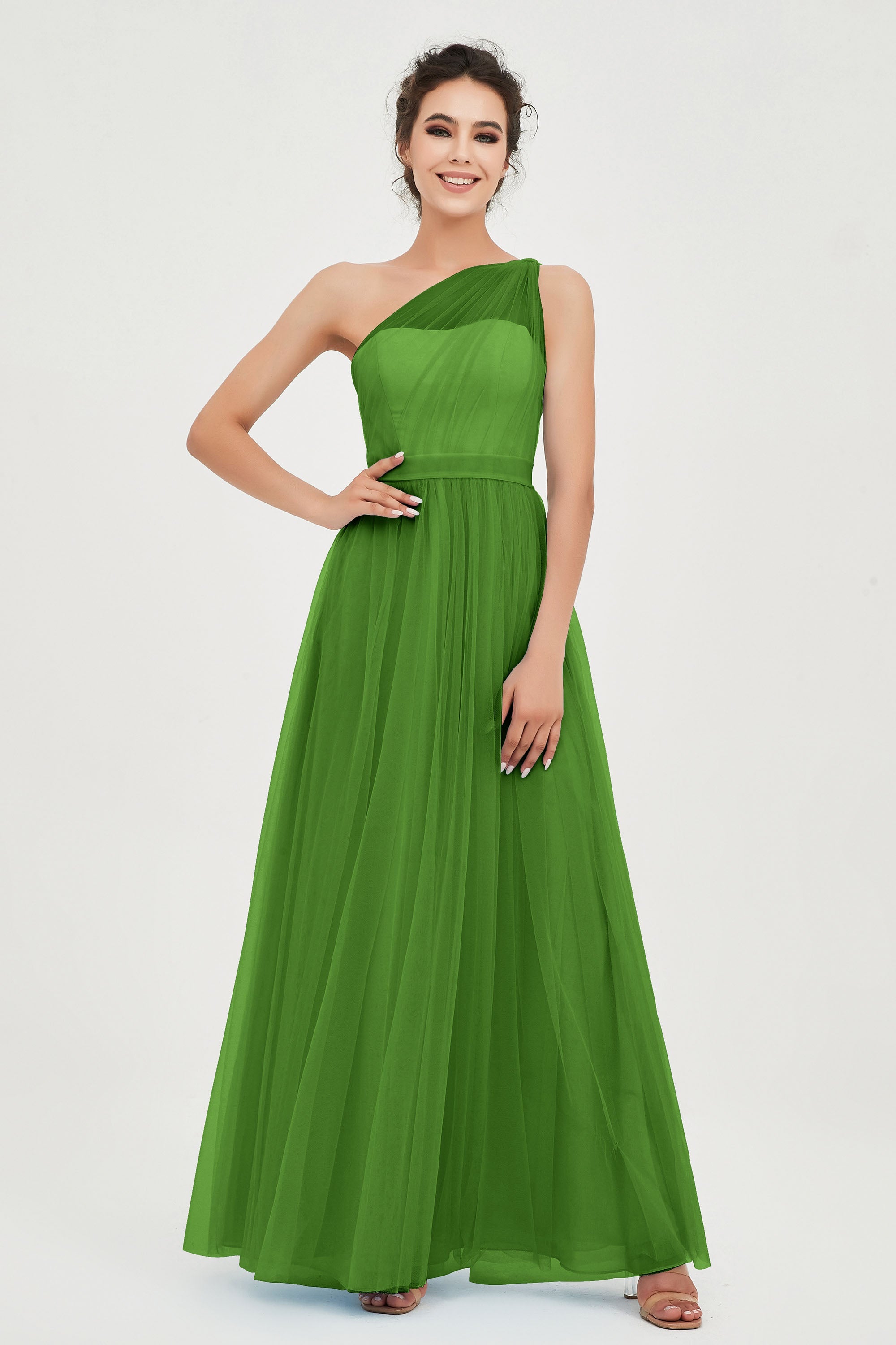 One Shoulder Tulle Ruched Bridesmaid Dress A Line Formal Evening Prom Dresses Gowns