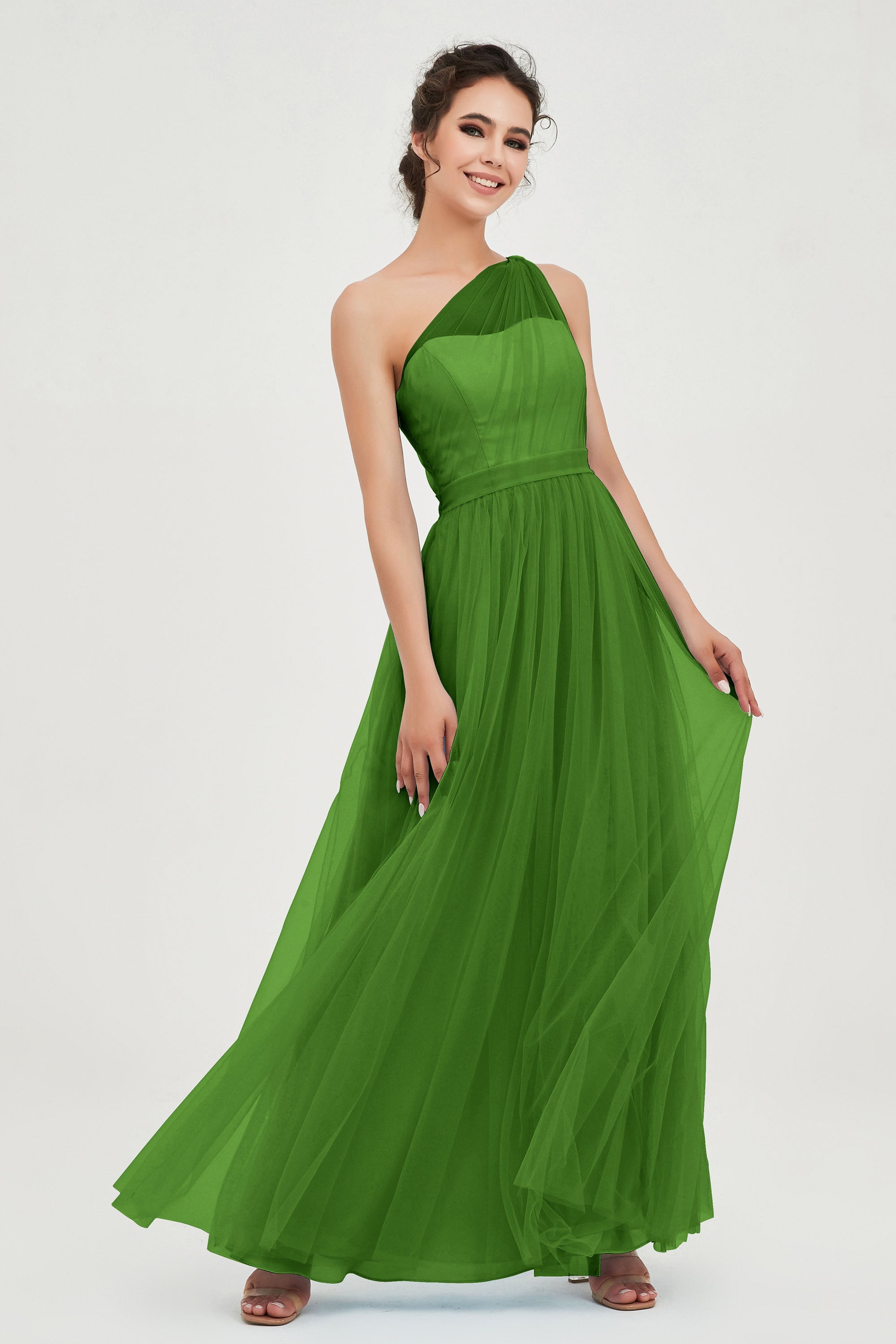 One Shoulder Tulle Ruched Bridesmaid Dress A Line Formal Evening Prom Dresses Gowns