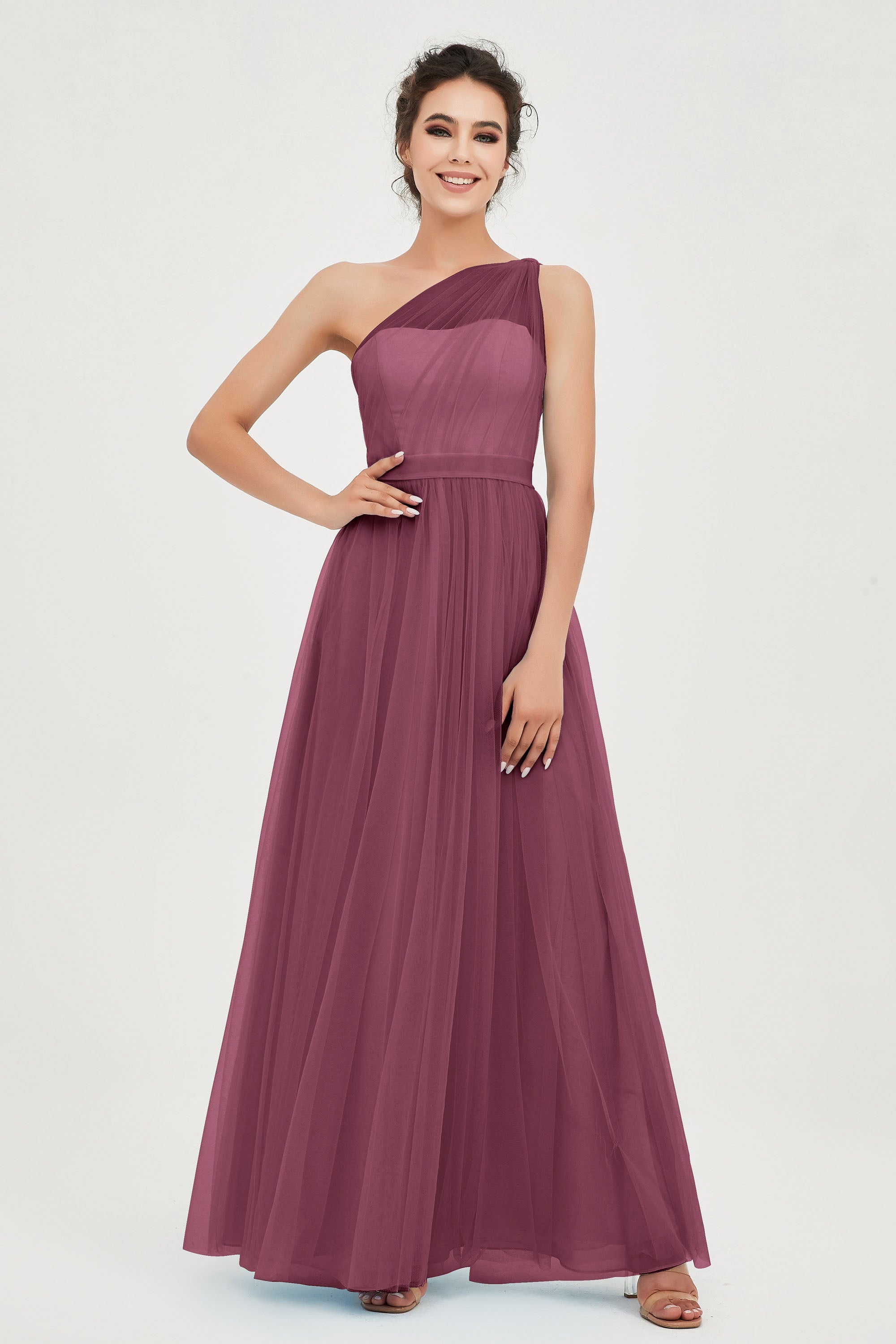 One Shoulder Tulle Ruched Bridesmaid Dress A Line Formal Evening Prom Dresses Gowns