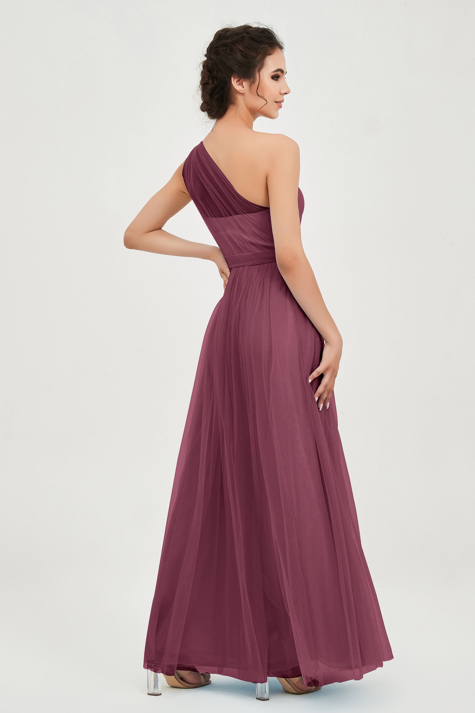 One Shoulder Tulle Ruched Bridesmaid Dress A Line Formal Evening Prom Dresses Gowns