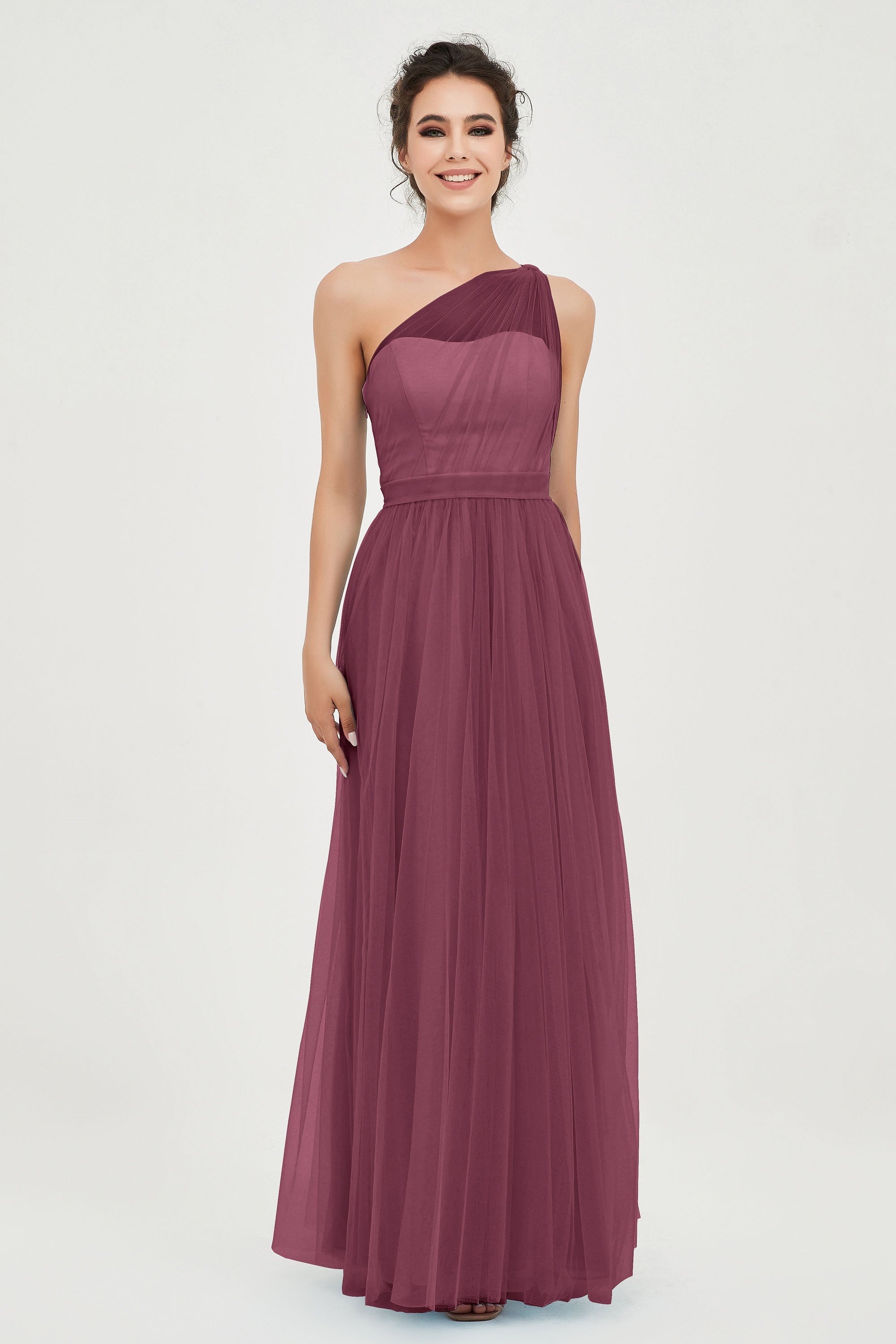 One Shoulder Tulle Ruched Bridesmaid Dress A Line Formal Evening Prom Dresses Gowns
