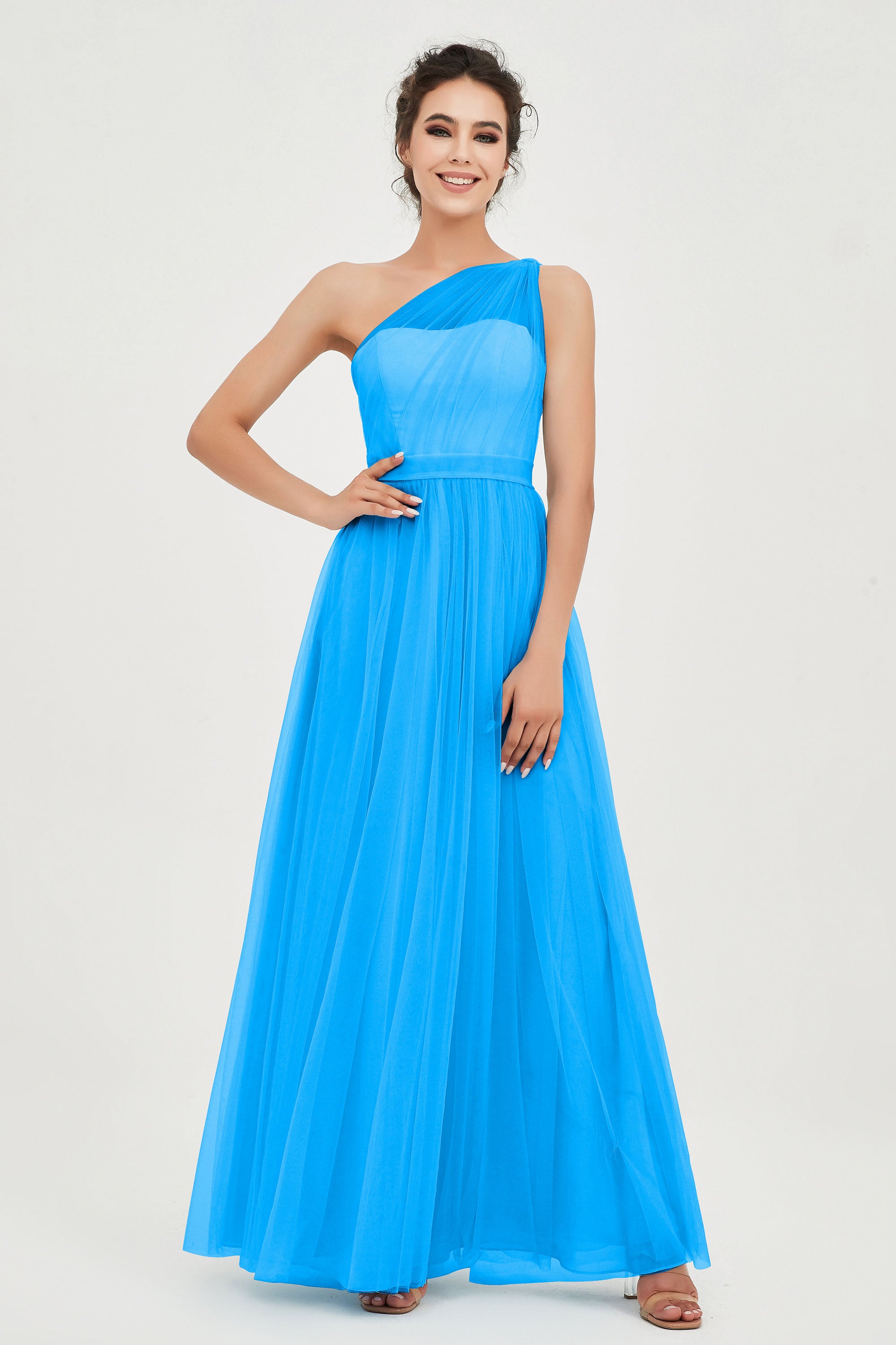 One Shoulder Tulle Ruched Bridesmaid Dress A Line Formal Evening Prom Dresses Gowns