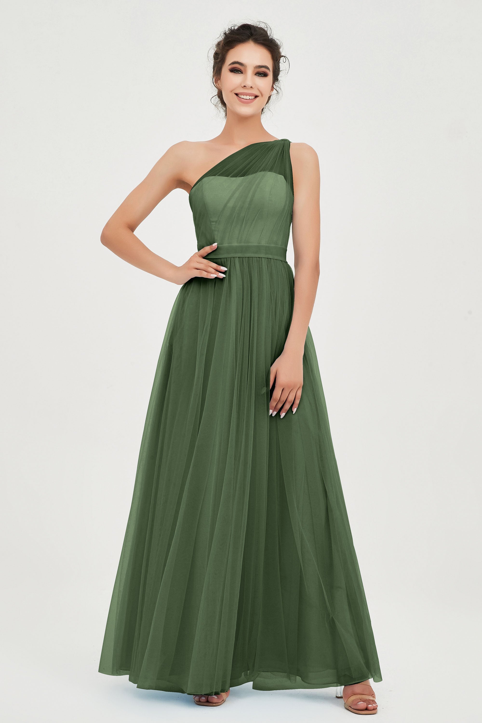 One Shoulder Tulle Ruched Bridesmaid Dress A Line Formal Evening Prom Dresses Gowns