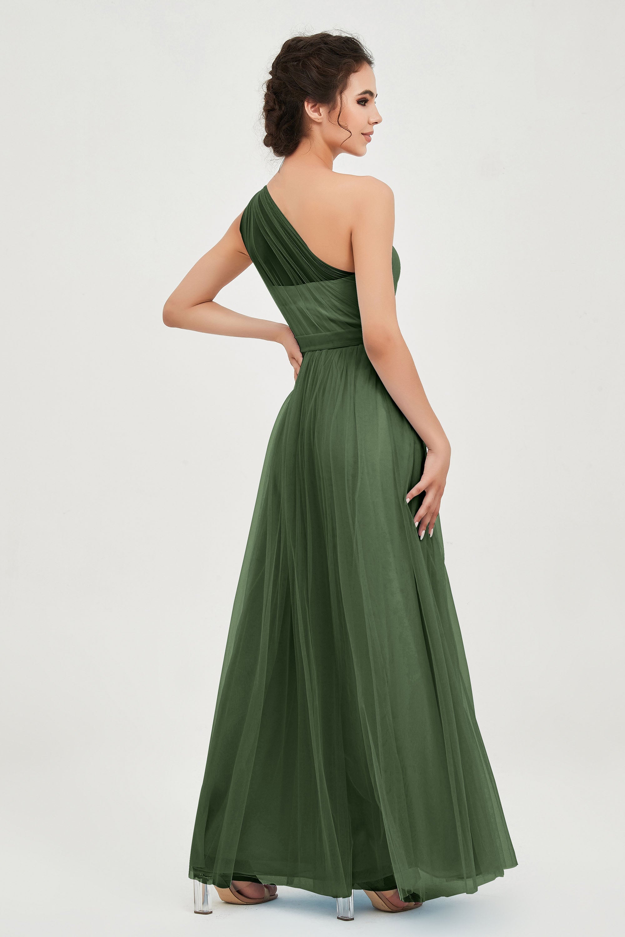 One Shoulder Tulle Ruched Bridesmaid Dress A Line Formal Evening Prom Dresses Gowns