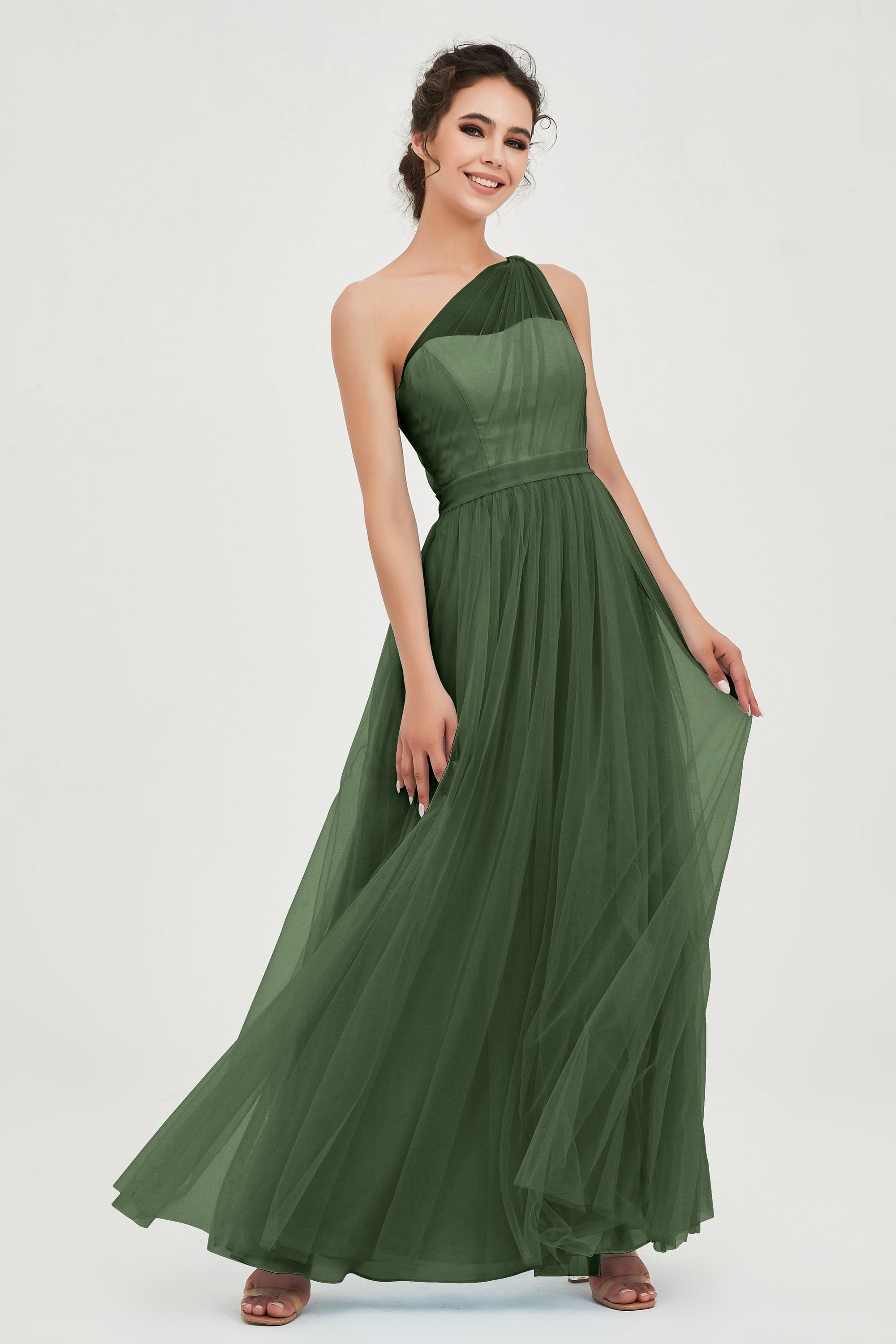 One Shoulder Tulle Ruched Bridesmaid Dress A Line Formal Evening Prom Dresses Gowns