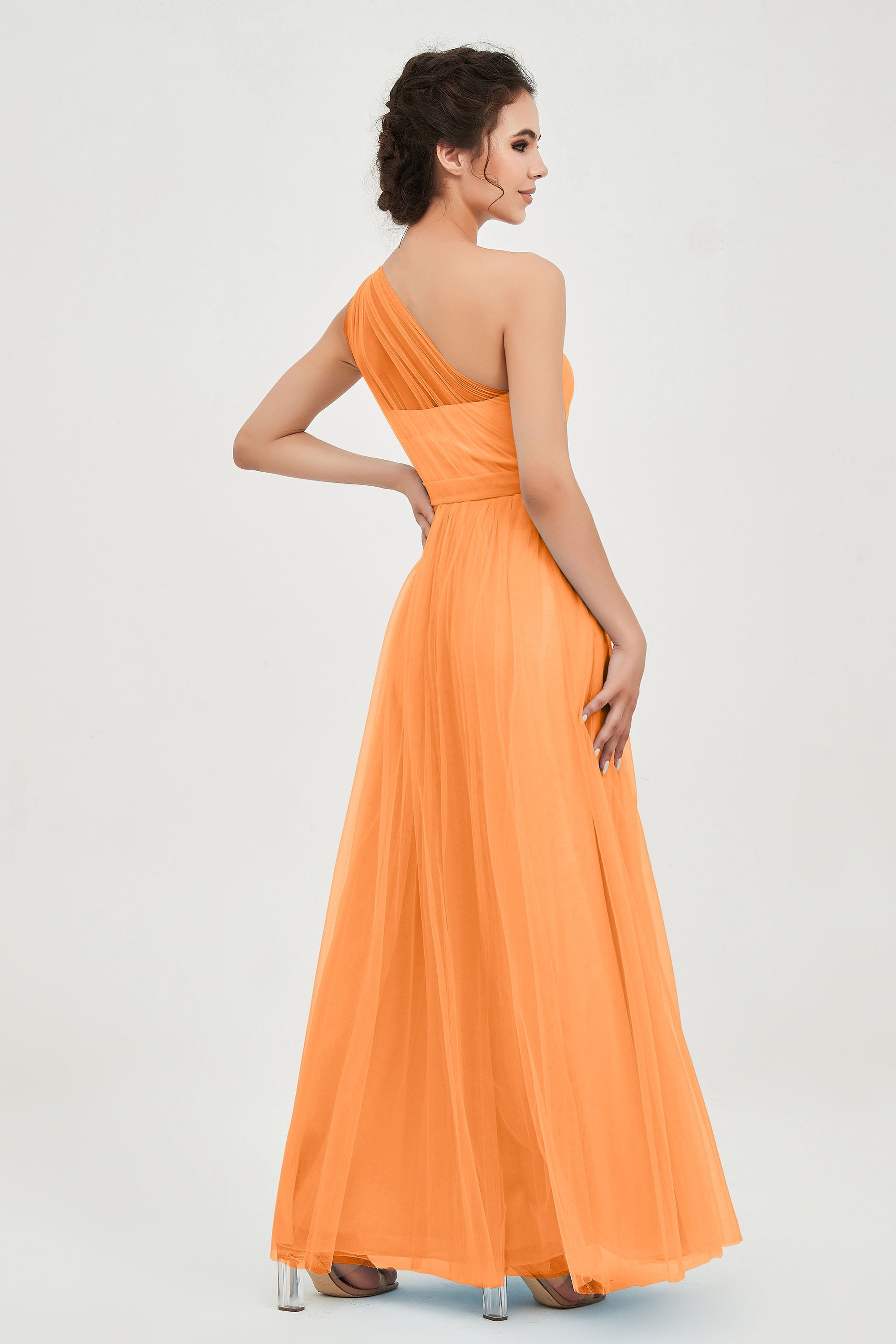 One Shoulder Tulle Ruched Bridesmaid Dress A Line Formal Evening Prom Dresses Gowns