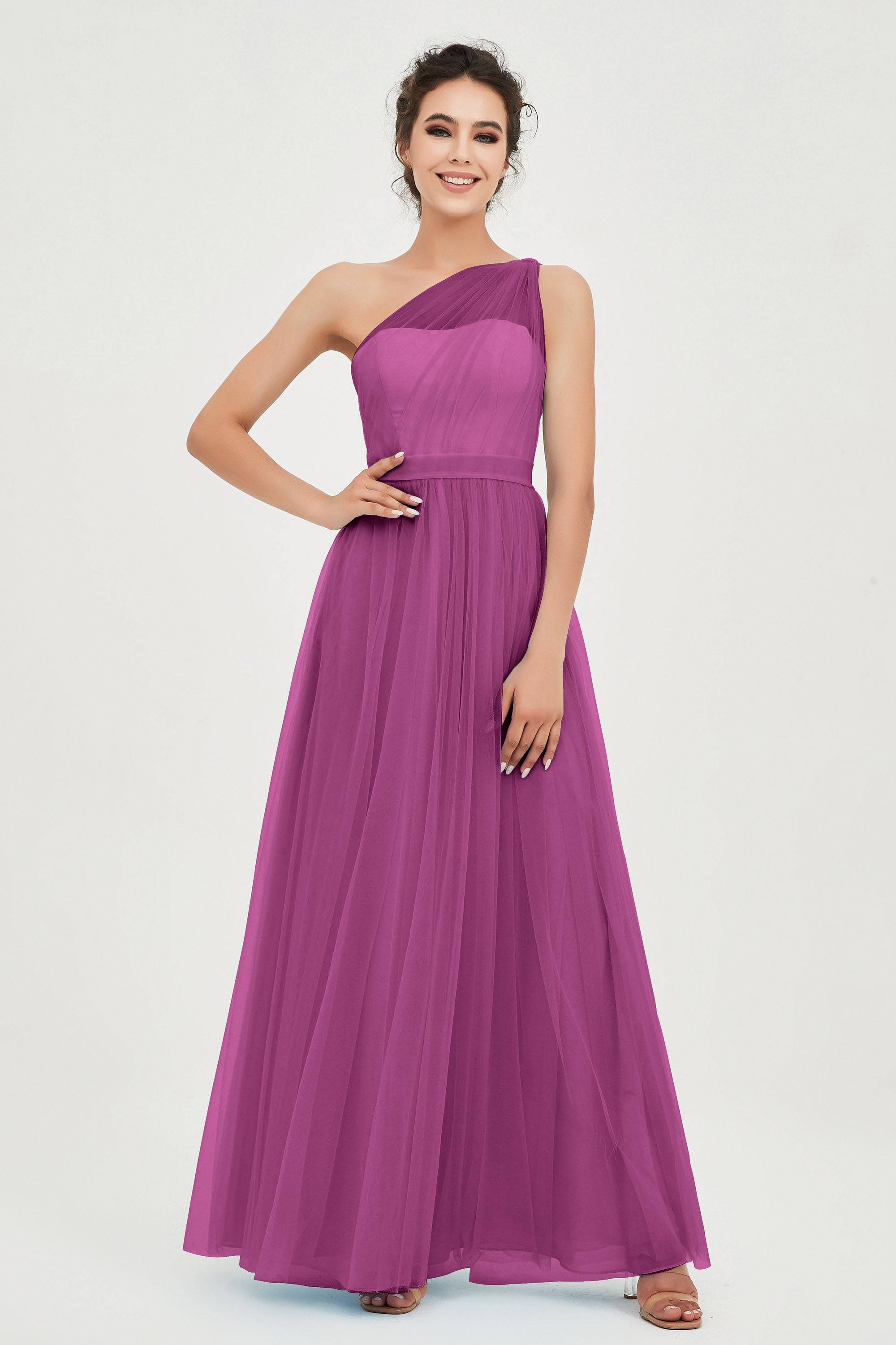 One Shoulder Tulle Ruched Bridesmaid Dress A Line Formal Evening Prom Dresses Gowns