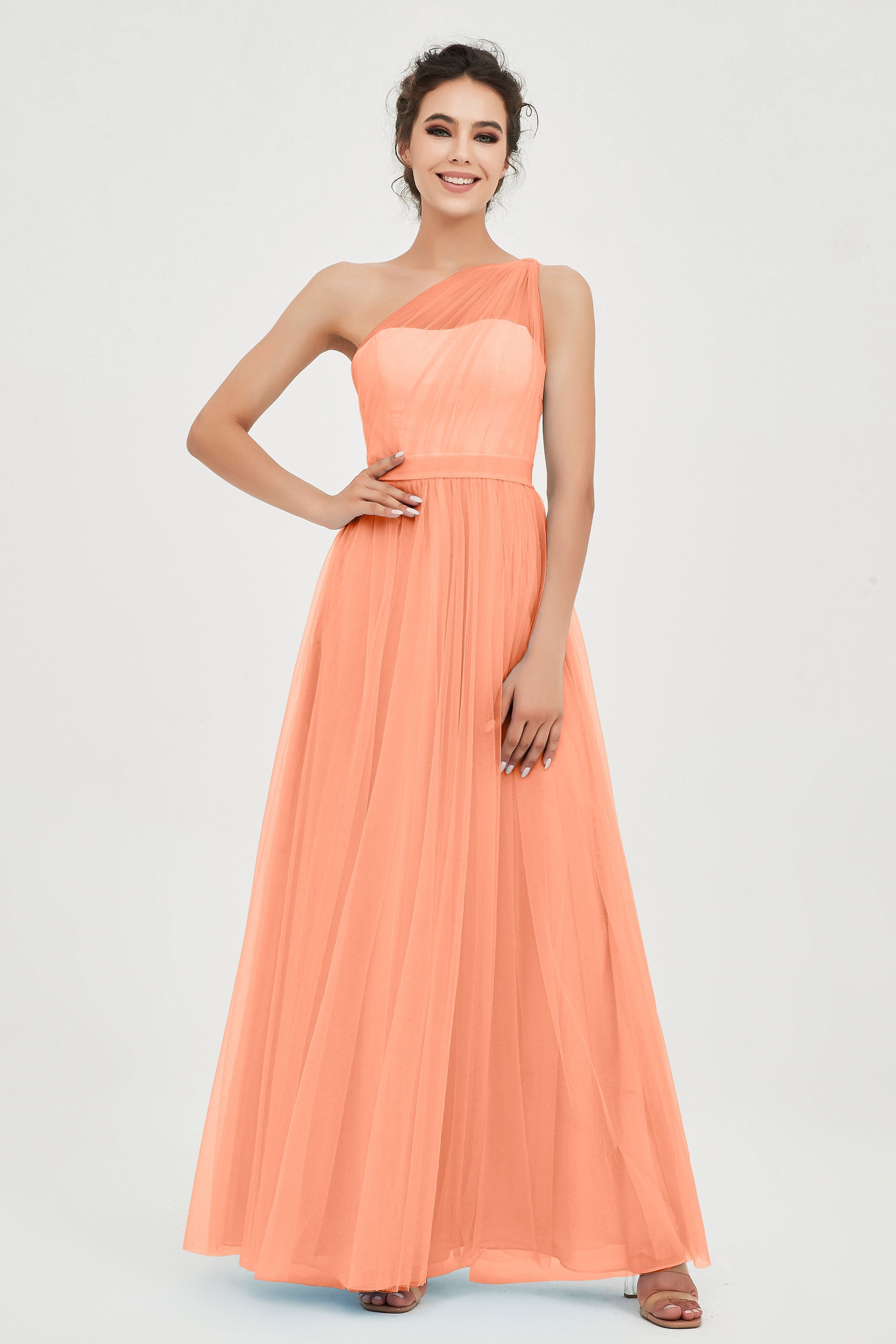 One Shoulder Tulle Ruched Bridesmaid Dress A Line Formal Evening Prom Dresses Gowns