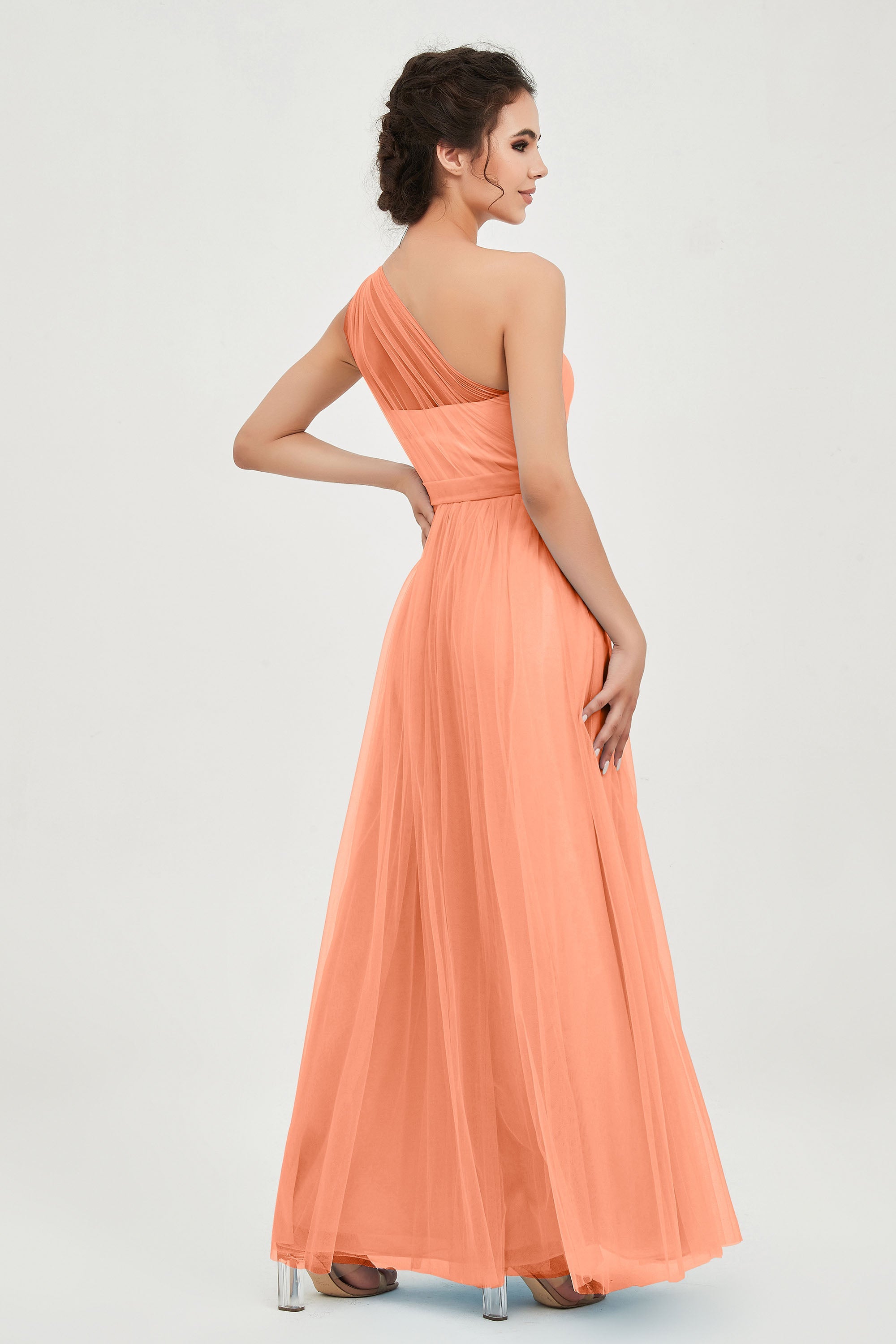 One Shoulder Tulle Ruched Bridesmaid Dress A Line Formal Evening Prom Dresses Gowns