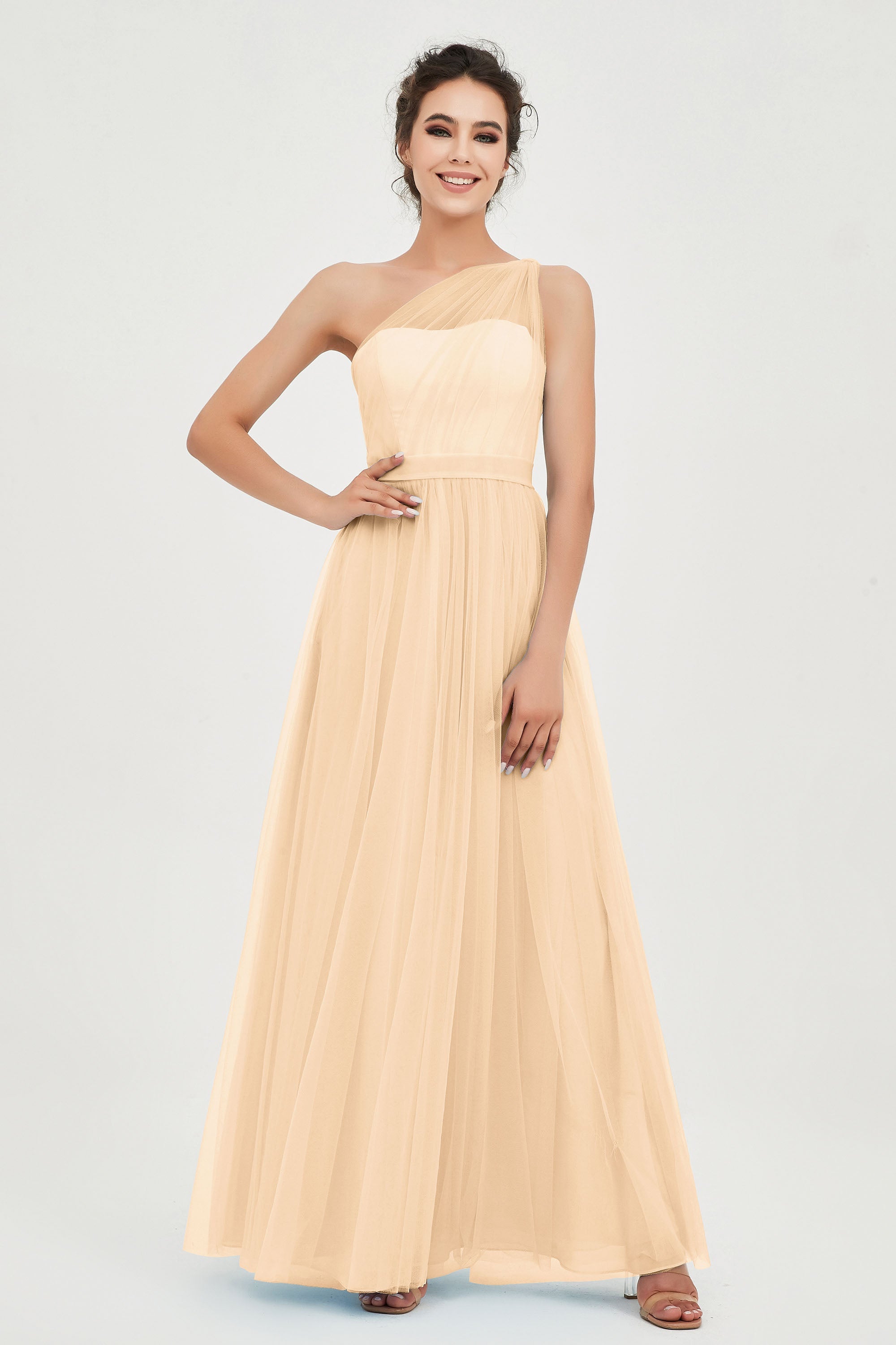 One Shoulder Tulle Ruched Bridesmaid Dress A Line Formal Evening Prom Dresses Gowns