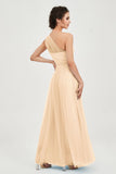 One Shoulder Tulle Ruched Bridesmaid Dress A Line Formal Evening Prom Dresses Gowns