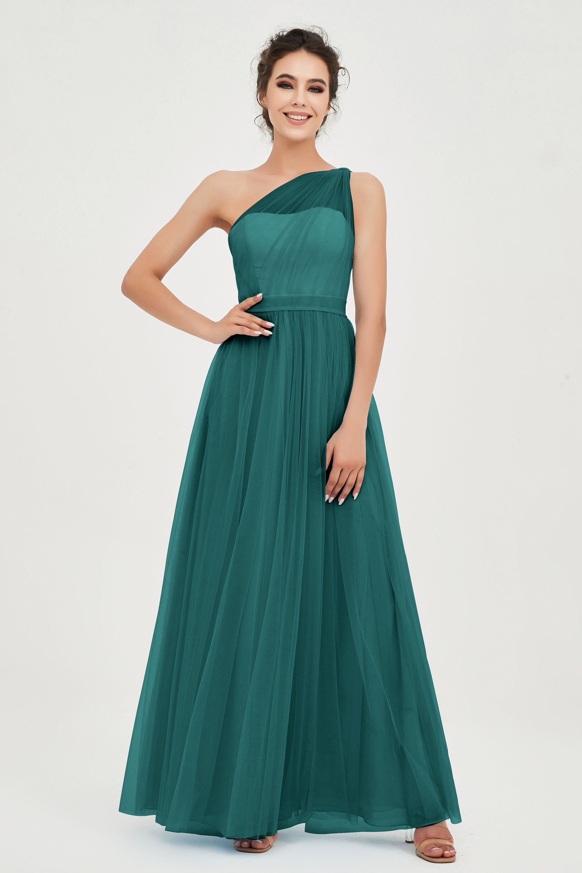 One Shoulder Tulle Ruched Bridesmaid Dress A Line Formal Evening Prom Dresses Gowns