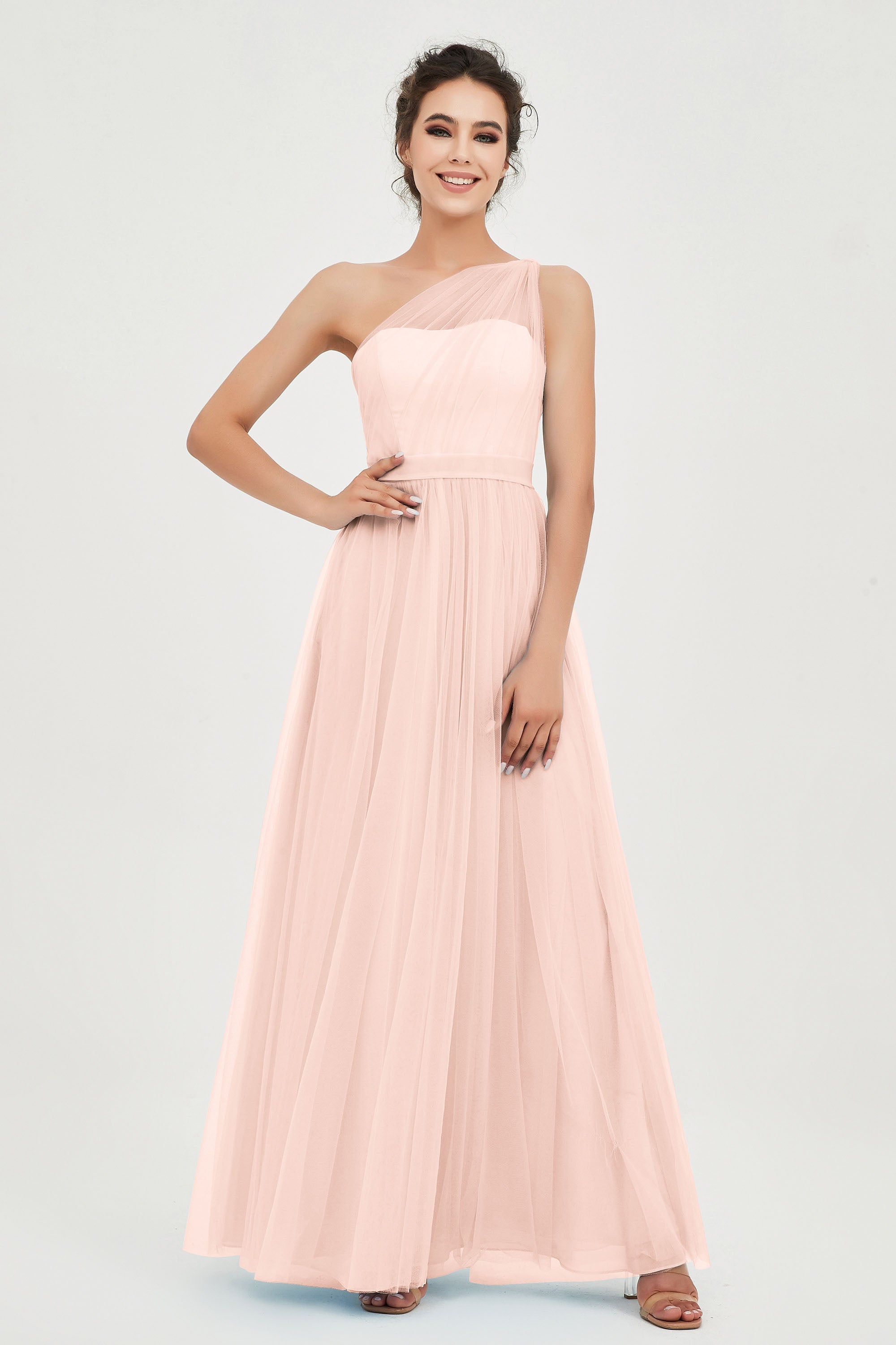One Shoulder Tulle Ruched Bridesmaid Dress A Line Formal Evening Prom Dresses Gowns