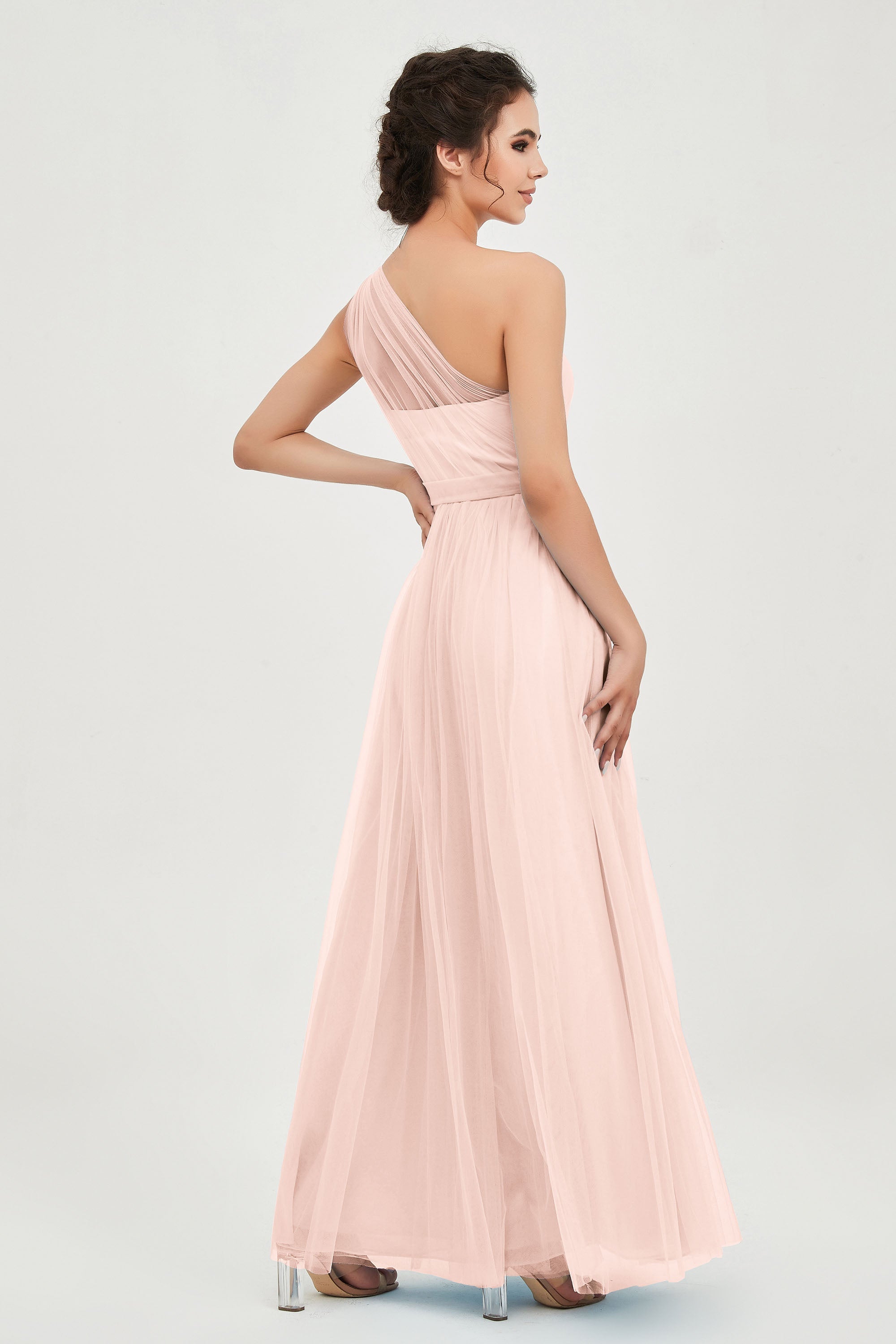 One Shoulder Tulle Ruched Bridesmaid Dress A Line Formal Evening Prom Dresses Gowns