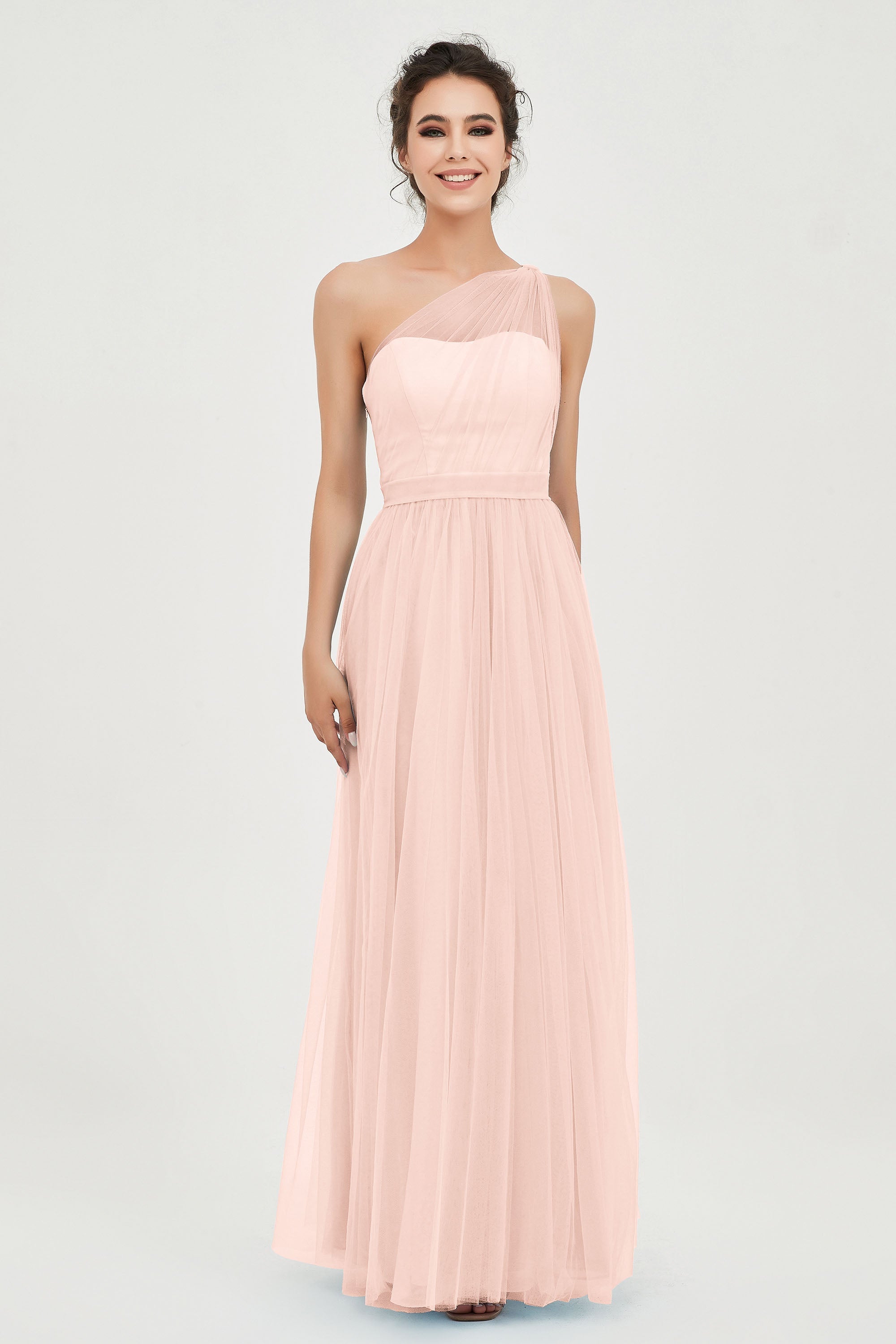 One Shoulder Tulle Ruched Bridesmaid Dress A Line Formal Evening Prom Dresses Gowns
