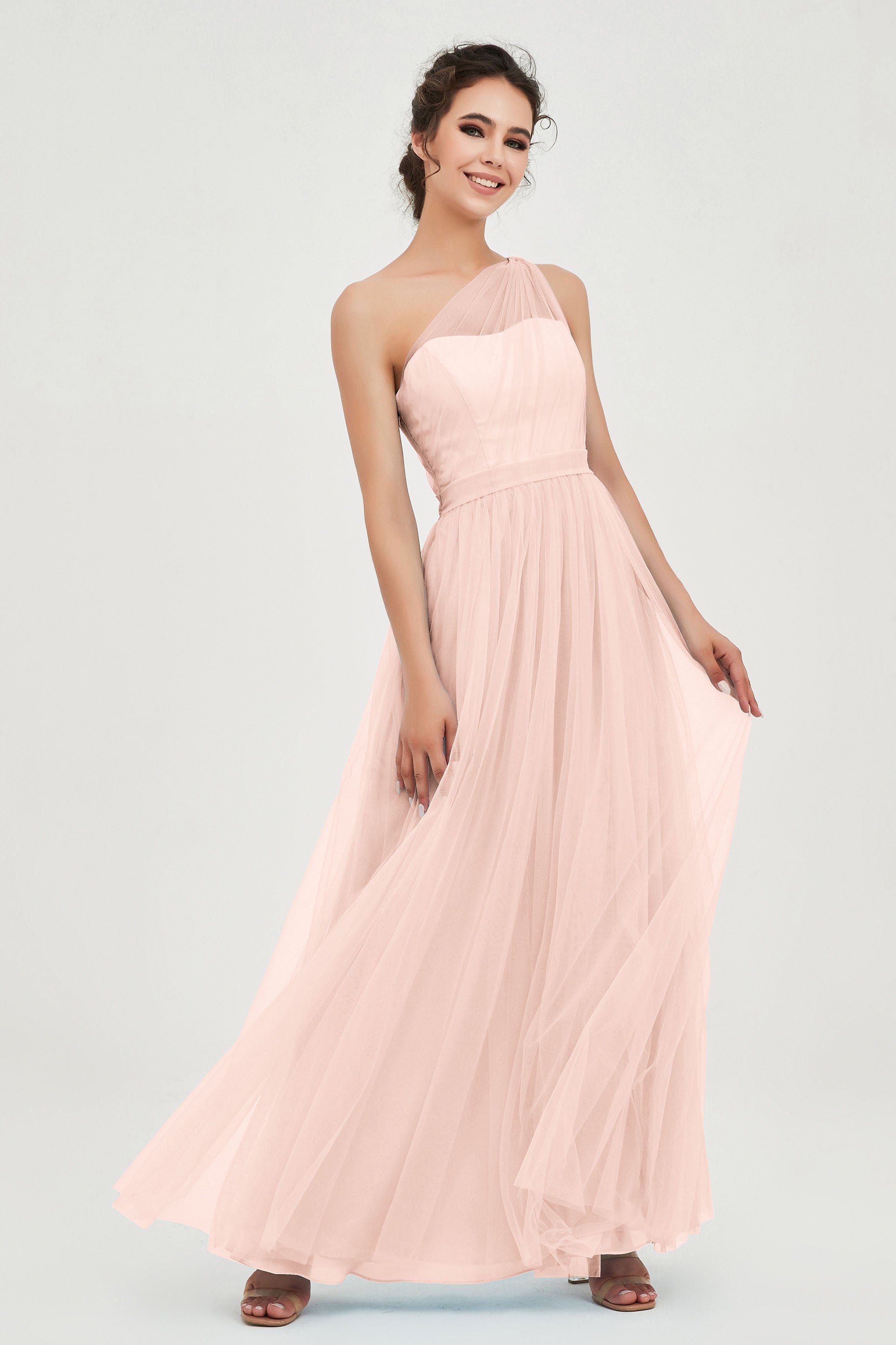 One Shoulder Tulle Ruched Bridesmaid Dress A Line Formal Evening Prom Dresses Gowns